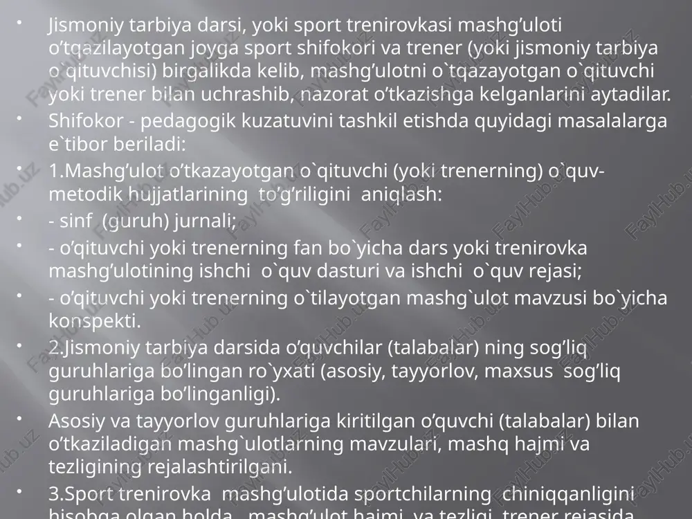 bilan ta`minlanganligi (aptechka borligi), hamda mashg`ulot bajarayotgan o`quvchi – talabani himoya (straxovka) etilishi. shifokor - pedagogik kuzatuvining ahamiyati. shifokor - pedagogik kuzatuv jismoniy tarbiya bilan shug`ullanuvchilar va sportchilarning tibbiy, pedagogik va psixologik (kompleks) nazorat qilishning tarkibiy qismi hisoblanadi. nazorat sport shifokori va trener (jismoniy tarbiya o`qituvchisi) hamkorligida o`tkaziladi. nazorat jarayonida shug`ullanuvchilar organizmining funksional holati jismoniy mashg`ulot ta`sirida qay darajada o`zgarishi aniqlanadi va baholanadi. olingan natija asosida o`qituvchi – trener tomonidan o`quv-trenerovka jarayoniga ma`lum darajada o`zgartirishlar, to`ldirishlar kirirtiladi. natijada, u yanada ta`komillashtiriladi. shifokor - pedagogik kuzatuv jarayonida shug`ullanuvchilar rejalashtirilgan hajmdagi mashg`ulotni bajargandan keyin, ular organizmining funksional holati belgilangan muddatda asli holatiga qaytmasa, yoki unda haddan ortiq charchash, jismoniy zo`riqish holati yuzaga kelgani aniqlansa, o`quv-trenirovka dasturiga (rejasiga) o`zgartirish, ya`ni mashg`uot yuklamasi hajmini ma`lum darajada yengillashtirish tavsiya qilinadi. shifokor - pedagogik kuzatuv jarayonida shug`ullanuvchilarda noxush holat yuzaga kelmasligi uchun, trener (jismoniy tarbiya o`qituvchisi) har bir mashg`ulotda qo`llanadigan mashq hajmi va tezligini, oldindan to`g`ri …