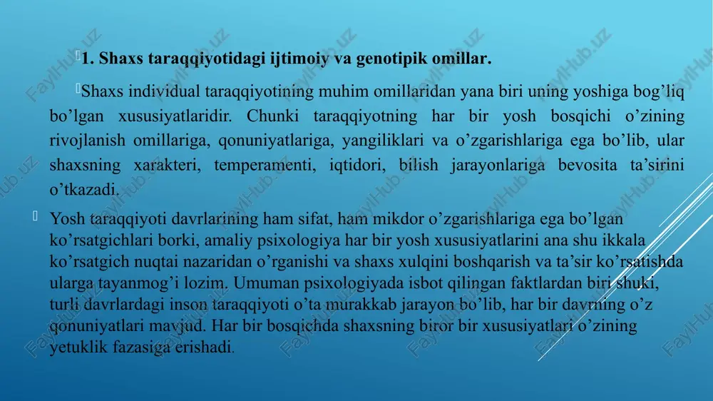 xshi orientatsiyasi, psixomotorik funktsiyalar va bevosita bilish jarayonlarining susayishi hisobiga ro’y beradi. xuddi shunday bolaning 3-5 yosh davri tilni, uning lug’aviy va strukturaviy xususiyatlarini o’zlashtirishga juda maqbul bo’lsa, yetuklik davri bo’lmish 45-55 yoshlarga kelib ayni shu sifat deyarli o’zini yo’qotadi («til qotib qoladi»). psixologiyaning maxsus tarmog’i hisoblanmish yosh davrlari psixologiyasining eng asosiy muammolaridan biri shuki, inson psixik taraqqiyotida qanday omillar - genetik, tug’ma yoki orttirilgan, ijtimoiy omillar roli yetakchi ekanligi masalasidir. bir tomondan, bolaning o’z ota - onalaridan meros sifatida o’zlashtirgan sifatlari, masalan, anatomo - fiziologik xususiyatlar, miya faoliyatining o’ziga xosligi, tana tuzilishi (qo’l, oyoq, yuz tuzilishi va boshq.) albatta psixologik jahatdan odam bolasining muhitga moslashuvi, unga erkin harakat qilishi, jarayonlarni ongida aks ettirishiga sabab bo’ladi. . 2. shaxs taraqqiyotini davrlarga bo’lish shu vaqtgacha psixologiya ilmida shaxs taraqqiyotini davrlarga bo’lib o’rganishga juda katta e’tibor qaratilgan. bir qancha davriy sxemalar ham taklif etilgan. lekin shu sohada astoydil ijod qilgan har qanday …