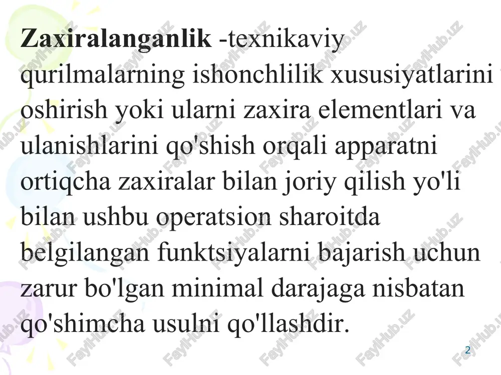 rashda elementlarning ishonchliligini oshirish tizimning ishonchliligini oshirishning eng oddiy usuli bo'lib chiqadi. * shu bilan birga, elementlarning bunday yuqori ishonchliligini amaliy amalga oshirish doim ham mumkin emas. avtomatik tizimlarining ishonchliligini ta'minlash usullarini ko'rib chiqish maxsus texnologik va fizik-kimyoviy fanlarning predmeti hisoblanadi va ishonchlilik nazariyasidan tashqariga chiqadi. shu bilan birga, juda ishonchli elementlar, odatda, katta o'lchamlarga, massaga va xarajatlarga ega. * tizumning ishonchliligini oshirish uchun tarkibni o'zgartirish ikki jihatni bildiradi. birinchidan, bu tizimning alohida qismlari (masalan, analog signallardan ishlov berish raqamiga o'tish) printsiplarini o'zgartirish, asning (komponentlar orasidagi bog'lanish tuzilmasi) dizaynini o’zgartirishni qayta tashkil etishni anglatadi. bunday o'zgarishlari kamdan-kam hollarda uchrashi mumkin, shuning uchun bu usul umuman ishonchliligi muammosini hal qilmaydi. * ikkinchidan, bu strukturadagi o'zgarishlarni bajarish asosiy tarkibiy qismlar muvaffaqiyatsizlikka uchragan asda ortiqcha elementlarni kiritish deb tushuniladi. ob'ektning operatsion holatini saqlab qolish uchun qo'shimcha vositalar va imkoniyatlardan foydalanish, uning bir yoki bir nechta elementlari ishdan chiqqach, ortiqcha deb ataladi. * zaxira …
