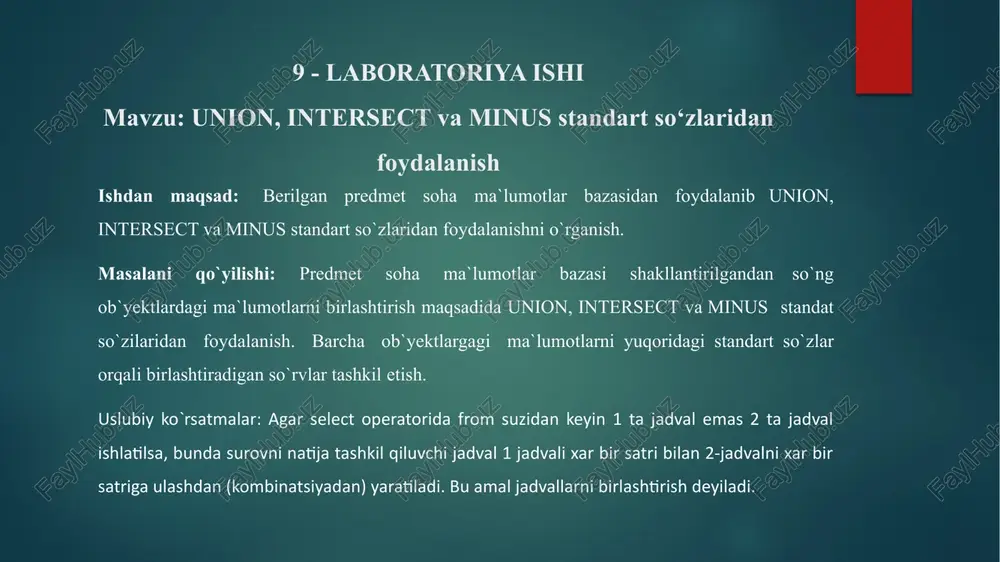 s ob`yektga tegishli bo`lgan kortejlar to`plamiga aytiladi. bu erda kortejlar har ikki ob`yektga ham bir xil ko`rinishda bo`lishi shart. bu amalni bajarganda ham operandlarni tartibi bir xil bo`lishi kerak. a∩b 9.2 – rasm. union birlashtirish amali venn diagrammasidagi tasviri minus(ayirma) yoki except. r va s munosabatlarni ayirmasi r-s ko`rinishida yoziladi va undagi kortejlar to`plami r munosabatga tegishli, lekin s munosabatga tegishli bo`lmagan kortejlardir. bu amalni bajarganda ham operandlarni tartibi bir xil bo`lishi kerak. a/b 9.3 – rasm. except (minus) birlashtirish amali venn diagrammasidagi tasviri union ifodasi bir yoki bir nechta sql so‘rovlar natijasini birlashtirishga imkon beradi. ikki yoki undan ortiq jadvallar jamlanganda ularning chiqish ustunlari jamlash uchun o‘zaro muvofiq bo‘lishi kerak. bu shuni bildiradiki, xar bir so‘rov bir xil sondagi ustunlarni ko‘rsatib, bu ustunlar mos tartibda kelishi va xar biriga mos tiplarga ega bo‘lishi kerak. sonli maydonlar bir xil tipga va kattalikka ega bo‘lishi kerak. simvolli maydonlar bir xil sondagi …