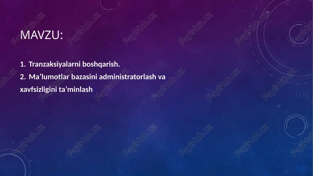 unktsiya "course_name" ga asoslangan holda topilsa, funktsiya "course_number" ni qaytaradi. aks holda, 99999 ni qaytaradi.sql so'rovida yangi funktsiyamizga quyidagicha murojaat qilishimiz mumkin: select course_name, findcourse(course_name) as course_id from courses where subject = ‘mathematics’; when others then raise_application_error(-20001,'an error was encountered - '||sqlcode||' -error- '||sqlerrm); end; sql muhitida tranzaksiva tushunchasi. sql tilida tranzaksiya deb, ma‟lumotlami tiklashga nisbatan ajralmas bo'lgan operatorlar ketma - ketligiga aytiladi. sql tilidagi har bir chaqirish moduli tranzaksiyadir. sql tili tranzaksiyalari biror-bir modulning protseduralarini bajarishdan boshlanadi. commit yori rollback operatorining bajarilishi bilan tugaydi. agar tranzaksiya rollback operatori bilan tugasa, prtoseduradagi barcha qilingan amallar bekor qilinadi. har bir tranzaksiyaning “faqat o„qish” yoki “o'qish va yozish” tartiblari mavjud. tranzaksiya tartiblari setttransaction operatori yordamida o'rnatiladi. jimlik qoidagisa nusbatan ''o'qish va yozish” tartibi o'rnatiladi. “faqat o'qish" tartibi doimo saqlanadigan bazaviy ma‟lumotlarga qo'llaniladi. har bir sql tranzaksiyasi himoyalanish darajasiga ega: readuncommitted, readcommitted, repeatableread yoki serializable. sql tranzaksiyasi himoyalanish darajalari bajarilayotgan tranzaksiyaning boshqa parallel …