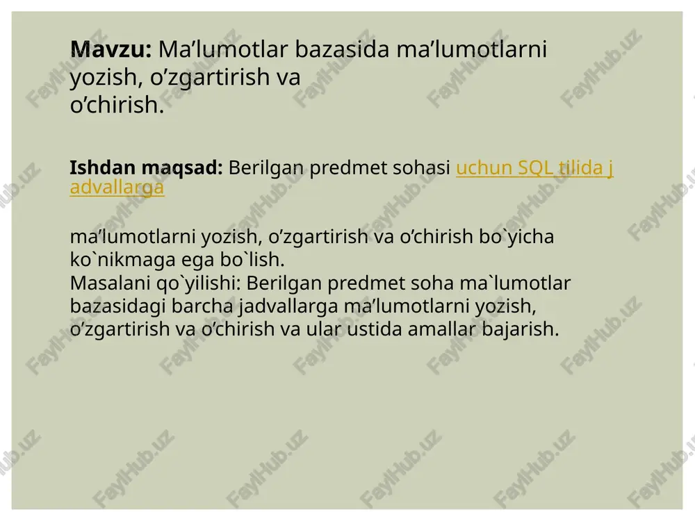 ishi shart emas. faqatgina operatorlarni to'g'ri yozish orqali istalgan ma'lumotlarni chiqarish mumkin bo'ladi. sql tili barcha ma'lumotlar bazasini boshqarish tizimlari uchun umumiy standart til hisoblanadi. amaliy qism: baza yaratish: create database asseries_db; show databases; use asseries_dbbazaga jadval qo’shish: create table talaba ( _id int, familiya varchar(255), ismi varchar(255), yoshi int(255), manzil varchar(255)); insert into customers (familiya, ismi, yoshi, manzil) values (‘ne`matjonov’, ‘umidillo’, 22, ‘andijon’); o’zgartirish: update custtalabaomers set familiya = ‘ne`matjonov’, city= ‘fargona’ where _id = 2; o’chirish: delete from talaba where ismi =’umidillo’; mavzu: ma’lumotlarni tanlash va ular ustida amallar. ishdan maqsad: berilgan predmet sohasi uchun sql tilida jadvallardagi ma’lumotlarni tanlash va ular ustida amallar bajarish bo`yicha ko`nikmaga ega bo`lish. masalani qo`yilishi: berilgan predmet soha ma`lumotlar bazasidagi barcha jadvallardagi ma’lumotlarni tanlash va ular ustida amallar bajarish. uslubiy ko`rsatmalar: select buyrug'i ma'lumotlar bazasi jadvalining bir yoki bir nechta ma'lumotlarini o'qishga imkon beradi. mysql select operatorida quyidagi sintaksis mavjud: select ustun(lar)_nomi …