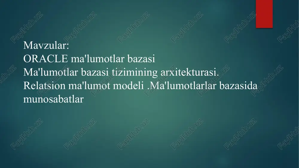 tadi. oracle qanday ishlaydi? oracle - bu vosita yoki dastur, shuning uchun uning funktsiyalaridan bahramand bo'lish uchun uni tashqaridan yuklab olish kerak. qo'llab -quvvatlash yoki aloqa sifatida u biroz innovatsion dasturlash tilidan foydalanadi; pl / sql. pl / sql - bu sqlga o'xshash tuzilmadan foydalanadigan dasturlash tili, lekin uning xususiyatlarini yaxshilaydi. u katta miqdordagi o'zgaruvchilar, ya'ni kodlar va to'liq ma'lumotlarni boshqarishi mumkin. pl / sql -da, shuningdek, ma'lumotlar bazasi uchun zararli agentlarning hujumiga qarshi turadigan avtomatik tahdidlarni nazorat qilish tizimi mavjud. oracle dasturi uchun juda mos, shuning uchun u boshqa ma'lumotlarni boshqarish vositalariga qaraganda yaxshiroq optimallashtiriladi. . sql tili hali ham oracle vositasi uchun funktsionaldir, biroq pl / sql bu turdagi xizmatlar uchun yaxshiroqdir, chunki u ma'lumotlarni saqlashni yaxshiroq rivojlantiradi. oracle shuningdek, ma'lumotlar bazasi uchun himoya serveri bo'lgan sql plus -dan foydalanadi va xuddi shu sql -ni asos sifatida ishlatadi. uning tili ma'lumotlar serverini kerak bo'lganda ko'p marta yangilash imkonini …