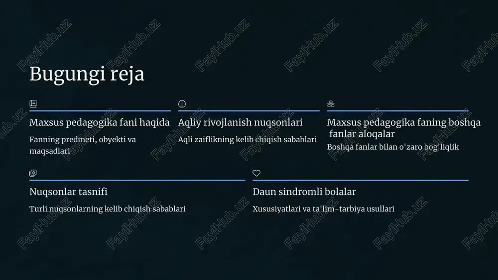 tug'ilish 3 postnatal omillar (tug'ilishdan keyin) bosh miya travmalari, infeksion kasalliklar, zaharlanishlar, ijtimoiy-iqtisodiy omillar 5 aqliy nuqsonlarning turlari 85% yengil darajada aqli zaiflik iq darajasi 50-70, oddiy mehnat ko'nikmalarini egallash imkoniyati mavjud 10% o'rtacha darajada aqli zaiflik iq darajasi 35-50, qisman mustaqillik va sodda mehnat faoliyati 4% og'ir darajada aqli zaiflik iq darajasi 20-35, doimiy nazorat va yordam zarur 1% eng og'ir daraja iq darajasi 20 dan past, minimal mustaqillik darajasi 6 maxsus pedagogikaning boshqa fanlar bilan aloqasi psixologiya bolaning ruhiy rivojlanish qonuniyatlarini o'rganish tibbiyot kasalliklar va nuqsonlarning tibbiy asoslarini aniqlash umumiy pedagogika ta'lim-tarbiyaning umumiy qonun va tamoyillari sotsiologiya ijtimoiy moslashuv va integratsiya masalalari logopediya nutq buzilishlarini tuzatish va rivojlantirish 7 maxsus pedagogikaning umumiy masalalari nazariy masalalar rivojlanish qonuniyatlarini o'rganish tashxis usullarini takomillashtirish korreksion usullarni ishlab chiqish ta'lim mazmunini yangilash amaliy masalalar maxsus ta'lim muassasalarini tashkil etish o'qituvchilarni tayyorlash ota-onalar bilan ishlash ijtimoiy xizmatlarni rivojlantirish "har bir bola - bu …