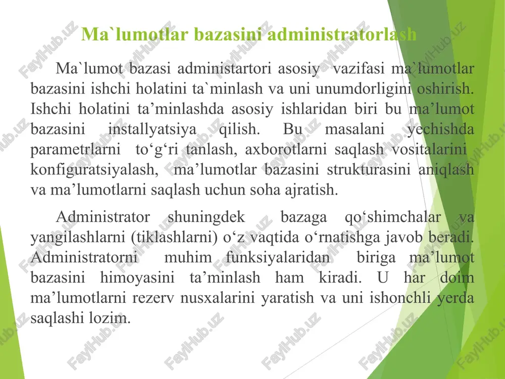 shirilishi mumkin. bu create user komandasi bilan amalga oshiriladi. yangi yaratilgan foydalanuvchi tizim ob’ektlari bilan amal bajarishga hech qanday huquqqa ega emas. tizimda muvaffaqiyatli roy`xatdan o‘tish uchun, administrator foydalanuvchiga seansni tashkil qilish uchun imtiyozlar beri shi kerak. buning uchun grant create session to foydalanuvchi_nomi; komandasi ishlatiladi. oracleda foydalanuvchini ro`yxatdan o`tkazish va imtiyozlar berish create user baza identified by 123456; foydalanuvchi yaratish foydalanuvchi nomi: baza. foydalanuvchi paroli: 123456. foydalanuvchi nomi bilan tizimga kirish: connect baza/123456; foydalanuvchiga imtiyozlar berish grant create session to baza; grant succeeded. imtiyozlar imtiyozlar ikkita sinfga bo‘linadi: -tizimli imtiyozlar (system privelege); -ob’ektlarga murojat imtiyozlari(object privelege); imtiyozlar mbda foydalanuvchiga biron bir amalni bajarish huquqini beradigan imtiyozlardir. ob’ektlarga murojat imtiyozlari – alohida aniq ob’ekt ustida amalalrni bajarish uchun foydalanuvchiga beriladigan imtiyozlar. masalan birorta jadvaldan tanlashlarni bajarish. foydalanuvchiga tizimli imtiyozlar berish uchun grant komandasi ishlatiladi. grant komandasi oracle da tizimli imtiyozlar beradigan operator quyidagi sistaksisga ega: grant to masalan: faraz qilaylik …