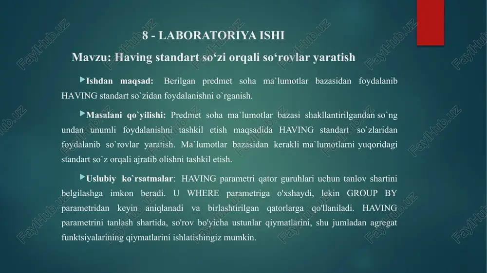 ish. uslubiy ko`rsatmalar: agar select operatorida from suzidan keyin 1 ta jadval emas 2 ta jadval ishlatilsa, bunda surovni natija tashkil qiluvchi jadval 1 jadvali xar bir satri bilan 2-jadvalni xar bir satriga ulashdan (kombinatsiyadan) yaratiladi. bu amal jadvallarni birlashtirish deyiladi. relyatsion mbda axborotlarni ortiqchaligini normallashtirish yo`li bilan kamaytiriladi. jadvallar ustida har xil amallar berish mumkin. bu amallarni tartiblab ishlab chiqqan odam kodd hisoblanadi. amallarga quyidagilar kiradi: - birlashtirish(union); - kesishuv(intersect); - ayirma(minus); union (birlashtirish). r va s munosabatlarni birlashtirish rus ko`rinishida berilib, bu amalni natijasi r munosabatga tegishli bo`lgan yoki s munosabatga tegishli bo`lgan yoki ikkalasiga ham tegishli bo`lgan kortejlar to`plamidir. bu amallarni bajarayotganda bir xil tartibda bo`lishi kerak. natijani tartibi ham operandlar tartibiga teng bo`ladi. aub 9.1 – rasm. union birlashtirish amali venn diagrammasidagi tasviri intersect(kesishuv). r va s munosabatlarni ayirmasi r∩s ko`rinishida yoziladi va r va s ob`yektga tegishli bo`lgan kortejlar to`plamiga aytiladi. bu erda kortejlar har …