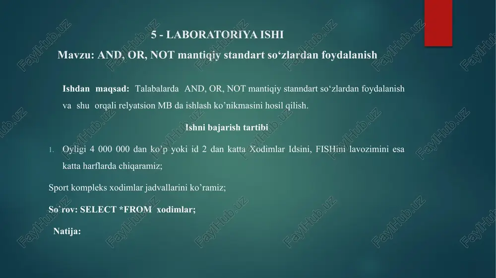 vjud jadvallarni ko`rish 2.bu jadvallarning har birini desc buyrug’i yordamida ko’rib chiqamiz ( batafsil 3-4-laboratoriyada ko’rgan edik); so`rov: desc sport_kompleks; desc xodimlar; 6.2-rasm. ma`lumotlar bazasidagi sportchilar va xodimlar jadvallari so`rov: desc sport_majmuasi; desc sport_turlari; natija: 6.2– rasm. bazada sport_majmuasi jadvalini yaratish va ko’rish 6.3– rasm. bazada sport_turlari jadvalini yaratish va ko’rish 3. insert buyrug’i yordamida mavjud jadvallarga ma’lumotlar kiritamiz va select buyrug’i yordamida natijani ko’ramiz. 6.4 – rasm. insert operatoridan foydalanish 4.update va alter table add buyruqlari yordamida mavjud jadvallarni to’ldiramiz; 6.5 – rasm. alter operatoridan foydalanish 6.6 – rasm. update operatoridan foydalanish 5.sport_majmuasi jadavalimizning oxirgi yachaykasini null qilamiz va ko’ramiz. so`rov: update sport_majmuasi set xodimlar_id=null where id=3; select *from sport_majmuasi; endi xodimlar_id ustunining null qiymati joylashgan jadval satrini o’chiramiz va ko’ramiz. so`rov: delete from sport_majmuasi where xodimlar_id is null; select *from sport_majmuasi; natija: 6.7-rasm. delete operatoridan foydalanish 6. “sport_majmuasi” jadvalidan birinchida turgan qurilma nomi va id sini chiqaramiz; so`rov: …