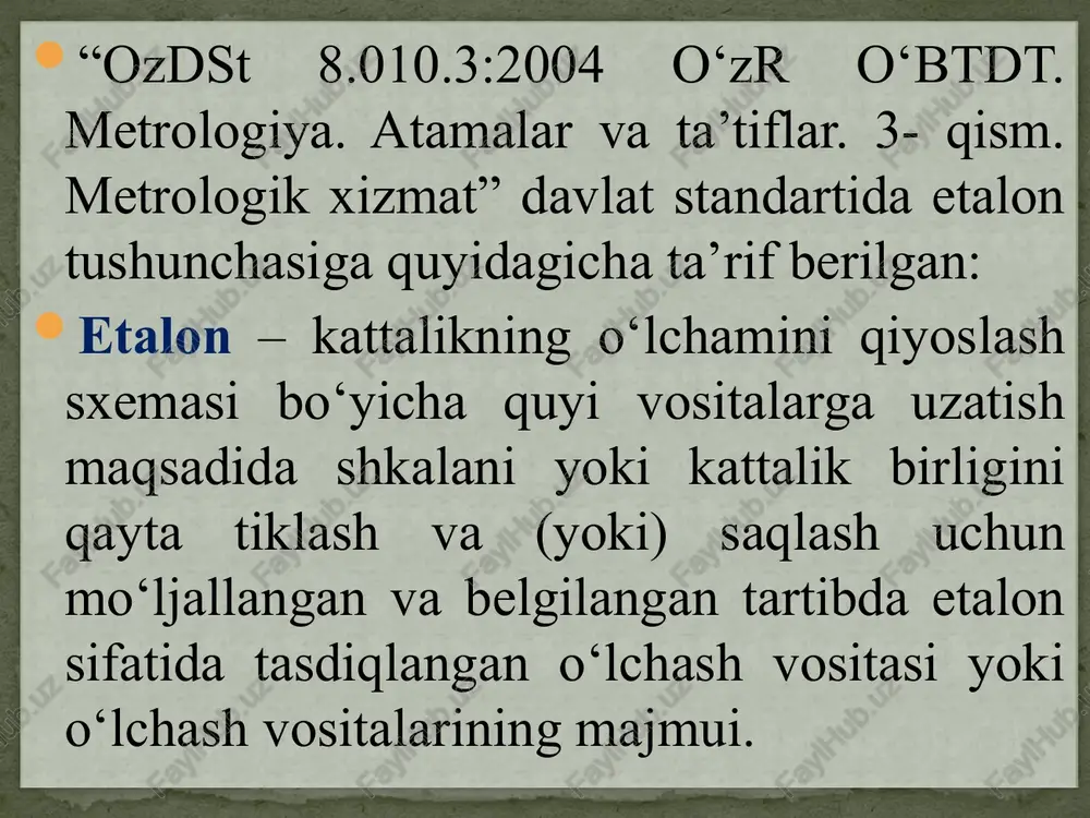 an birlamchi yoki maxsus etalon. milliy etalon – mamlakat uchun boshlang‘ich etalon sifatida xizmat qilishi rasmiy qaror bilan tan olingan etalon. milliy etalon va davlat etalonlarining ta’rifidan ko‘rinib turibdiki, bu ikkala atama bir xil tushunchani ifodalaydi. mamlakatimizda “milliy etalonlar markazi” markazi tashkil etilgan (2001 yil) bo‘lib, unda quyidagi milliy boshlang‘ich etalonlar saqlanadi: - massa birligi milliy boshlang‘ich etaloni; - elektr sig‘imi birligi milliy boshlang‘ich etaloni; - induktivlik birligi milliy boshlang‘ich etaloni; - chastota va vaqt birliklari milliy boshlang‘ich etaloni; - bosim birligi milliy boshlang‘ich etaloni; - o‘zgaruvchan tok kuchlanishi birligi milliy boshlang‘ich etaloni; - suv miqdori va sarfi birligi milliy boshlang‘ich etaloni; - uzunlik birligi milliy boshlang‘ich etaloni; - ammiak, sinil kislotasi, azot dioksidi, oltingugurt dioksidi va xlorning havodagi massaviy ulushi birligi milliy boshlang‘ich etaloni. maxsus etalon – birlikning alohida sharoitlarda qayta tiklanishini ta’minlaydigan va bu sharoitlar uchun birlamchi etalon bo‘lib xizmat qiladigan etalon. maxsus etalonlar birliklarni birlamchi etalonlar tomonidan …