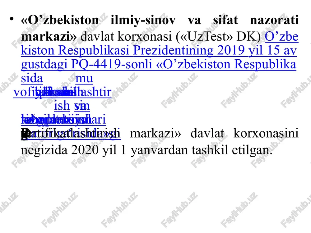 t korxonasi) aylantirish hamda uning muassisi etib standartlashtirish, sertifikatlashtirish va texnik jihatdan tartibga solish ilmiy-tadqiqot institutini belgilash; “o‘zstandart” agentligining “respublika sinov va sertifikatlashtirish markazi” davlat korxonasi vorisi etib “uztest” davlat korxonasini belgilash; 2019-2020-yillarda toshkent shahrida xalqaro tashkilotlarning (iso, iec, unece, en, codex stan) standartlari, talab va me’yorlariga muvofiq oziq-ovqat va qishloq xo‘jaligi mahsulotlari, elektrotexnika, yengil sanoat, mashinasozlik, qurilish, polimer va kimyo sanoati mahsulotlari hamda yuqori texnologiyalar asosida ishlab chiqarilgan mahsulotlarning sinovlarini to‘liq amalga oshiradigan zamonaviy sinov va nazorat laboratoriyalaridan iborat “uztest” davlat korxonasining sinov va nazorat kompleksini tashkil etish; o‘zbekiston ilmiy-sinov va sifat nazorati markazi” davlat unitar korxonasi mintaqada ishlab chiqarilayotgan va import qilinayotgan quyidagi yo'nalishdagi mahsulotlarni sertifikatlashtirish ishlarini olib boradi: oziq-ovqat, parfyumeriya va kosmetika mahsulotlarini sertifikatlash organi; qurilish mahsulotlarini sertifikatlash organi; mashinasozlik va metallni sertifikatlash organi; kimyoviy mahsulotlarni sertifikatlash organi; elektr mahsulotlari uchun sertifikatlash organi; yengil sanoatni sertifikatlash organi. quyidagi yo'nalishlarda sinov laboratoriyalari olib boriladi: elektr sanoati mahsulotlarini sinov …