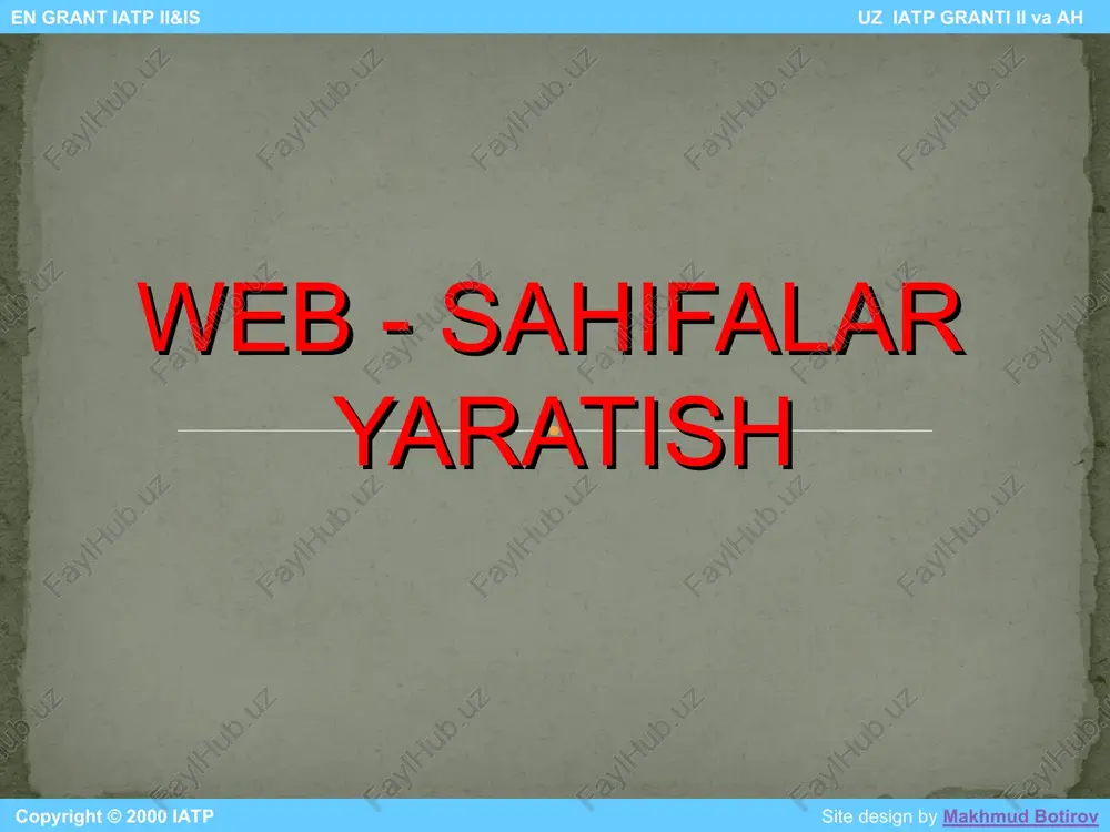 ilku " nomli tugma faollashtiriladi. tarmoqdagi web sahifa manzili (url) yoki ma'lum bir hujjat manzili kiritiladi. copyright © 2000 iatp site design by makhmud botirov en grant iatp ii&is uz iatp granti ii va ah www.arxiv.uz www.arxiv.uz web sahifaga ma'lum bir ob'ekt ko‘rinishini (rasmni) qo‘yish qurollar panelidan "vstavit izobrajenie" nomli tugma faollashtiriladi paydo bo‘lgan muloqot tizimidan " obzor " nomli tugmacha faollashtirilib kerakli rasm tanlanadi copyright © 2000 iatp site design by makhmud botirov en grant iatp ii&is uz iatp granti ii va ah www.arxiv.uz www.arxiv.uz web sahifaga maxsus elementlarni o‘rnatish " vstavka " menyusi faollashtiriladi yoritilgan menyudagi maxsus elementlardan biri (ko‘ndalang chiziq, yuguruvchi satr va h.k.) tanlanadi. copyright © 2000 iatp site design by makhmud botirov en grant iatp ii&is uz iatp granti ii va ah www.arxiv.uz www.arxiv.uz web sahifaga fonlar yoki rasmdan iborat fonlar berish " format " menyusi faollashtiriladi "fon" komandasi tanlanadi copyright © 2000 iatp site …