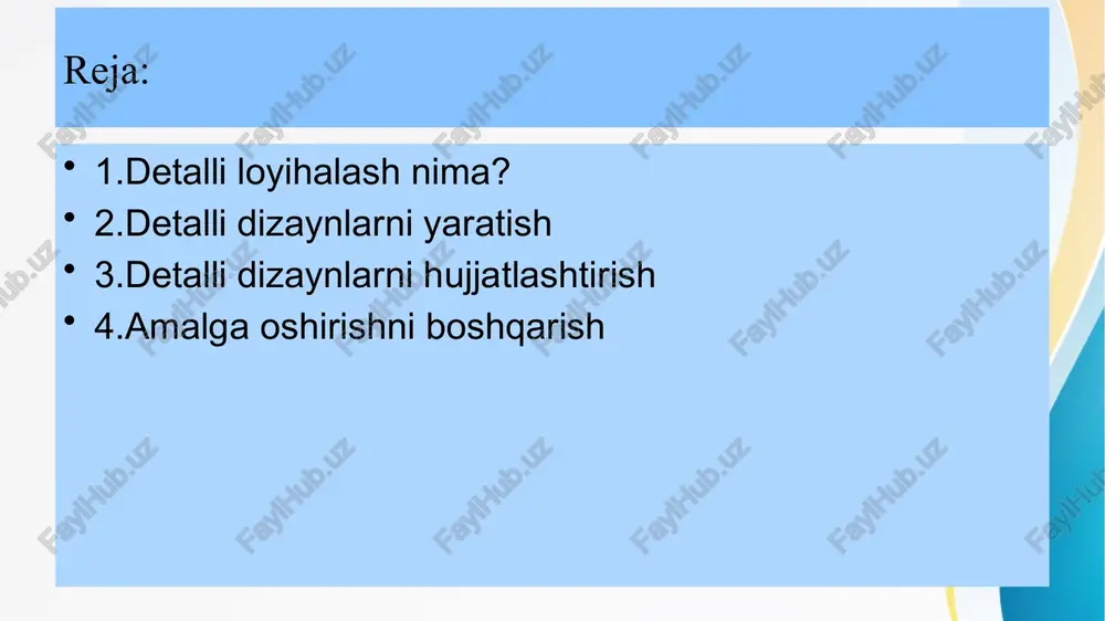 atadi va bu harakatlar arxitekturaga mos keladigan artefaktlarni - nozik dizayn va kodlarni ishlab chiqishi kerak, ammo arxitektura amalga oshirishni aniqlamaydi. detalli dizaynni yaratish arxitektura va tayinlangan komponentlar uchun talablar yaxshi tushunilgandan so'ng, dasturiy ta'minot komponentlarini detalli loyihalashni boshlash mumkin. -- detalli dizayn ham strukturaviy, ham xatti-harakatlar dizaynlaridan iborat. detalli dizaynlarni yaratishda quyidagilarga e'tibor qaratiladi: 1.interfeys dizayni - ichki va tashqi 2.grafik foydalanuvchi interfeysi (gui) dizayni -- bu arxitektura davrida yaratilgan dizaynlarning davomi bo'lishi mumkin. 3.ichki komponentlar dizayni -- strukturaviy -- xulq-atvor 4.ma'lumotlar dizayni ~ ma'lumotlar bazasi; ma'lumotlar lug'ati detalli dizaynni yaratish dizayndagi komponentlar orasidagi interfeyslarni spetsifikatsiya qilish bilan bog'liq dizayn vazifasini nazarda tutadi. u quyidagilarga qaratilishi mumkin: -- komponentlar ichidagi ichki interfeyslar -- komponentlar bo'ylab tashqi tomondan ishlatiladigan interfeyslar ichki interfeys dizayni misolini quyida ko'rish mumkin: detalli dizaynlarni hujjatlashtirish loyihaning dasturiy ta'minot dizaynining hujjatlari asosan dasturiy ta'minot dizayni tavsifi sifatida ham tanilgan dasturiy ta'minotni loyihalash hujjatida (sdd) saqlanadi. sdd …