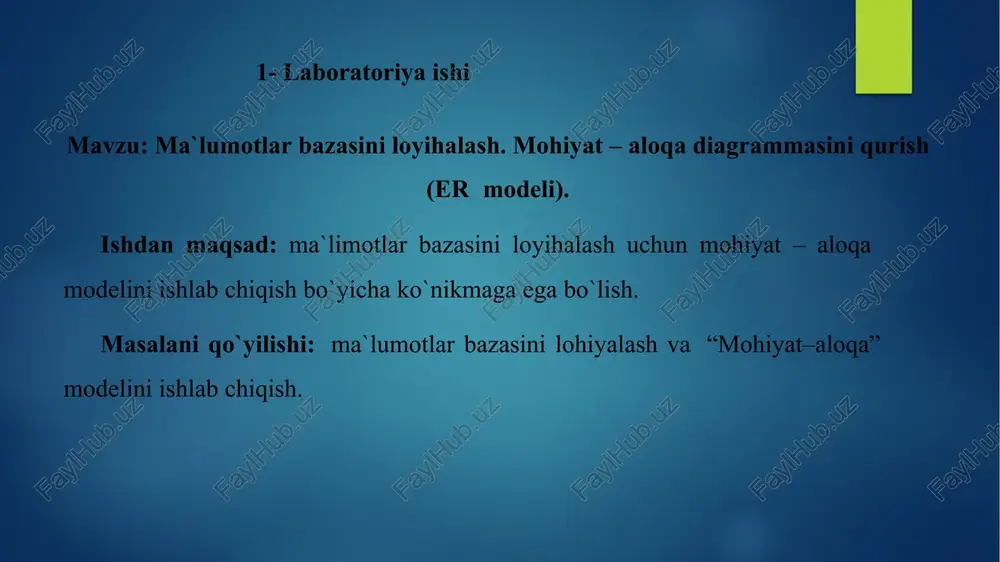 ovlar orqali yaratishni va so`rovlar orqali oddiy jarayonlarni bajarishni o`rganish, hamda ko`nikmaga ega bo`lish. talabalarda ddl komandalaridan foydalanish va shu orqali relyasion mb yaratish ko’nikmasini hosil qilish. ishni bajarish tartibi avvalo 1 va 2 -laboratoriya ishida tuzgan jadvallarimizni esga olamiz. bizda 5 ta jadval mavjud edi. endi o’sha jadvallarni mysql da yuqorida sintaksisini keltirib o’tganimizday komandalardan foydalanib yaratamiz: 1. eski yaratilgan ma’lumotlar bazasini ko’ramiz: so`rov: show databases; natija: 2.yangi sport_kompleks nomli baza yaratamiz; so`rov: create database airoport ; natija: 3. sportchilar nomli jadval yaratamiz: so`rov: so`rov: create table kompaniyalar (id int, nomi varchar(20)); natija: 4. jadvalni ko’ramiz: so`rov: desc kompaniyalar; natija: 5. jadvalga yangi “located ” nomli satr qo’shamiz: so`rov: alter table kompaniyalar add located varchar(10); natija: so`rov: alter table aeroport change aeroport double; natija: 4 - laboratoriya ishi mavzu: ma’lumotlarni tanlash va ular ustida amallar ishdan maqsad: talabalarda dml komandalaridan foydalanish va shu orqali relyatsion mb da ishlash ko’nikmasini …