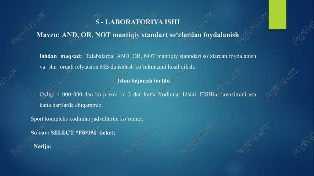 nilishi order by kalit so’zining desc bilan qo’llanilishi 8 - laboratoriya ishi mavzu: having standart so‘zi orqali so‘rovlar yaratish ishdan maqsad: berilgan predmet soha ma`lumotlar bazasidan foydalanib having standart so`zidan foydalanishni o`rganish. masalani qo`yilishi: predmet soha ma`lumotlar bazasi shakllantirilgandan so`ng undan unumli foydalanishni tashkil etish maqsadida having standart so`zlaridan foydalanib so`rovlar yaratish. ma`lumotlar bazasidan kerakli ma`lumotlarni yuqoridagi standart so`z orqali ajratib olishni tashkil etish. uslubiy ko`rsatmalar: having parametri qator guruhlari uchun tanlov shartini belgilashga imkon beradi. u where parametriga o'xshaydi, lekin group by parametridan keyin aniqlanadi va birlashtirilgan qatorlarga qo'llaniladi. having parametrini tanlash shartida, so'rov bo'yicha ustunlar qiymatlarini, shu jumladan agregat funktsiyalarining qiymatlarini ishlatishingiz mumkin. ishni bajarish tartibi having kalit so’zining qo’llanilishi image6.png image7.png image8.png image9.png image10.png image11.png image12.png image13.png image14.png image15.png image16.png image17.png image18.png image19.png image20.png image21.png image2.png image3.png image4.png image5.png mariadb [airways_company]> select * from ticket; dsss sits sidr se de dt do sss bprs pst sss tpes …