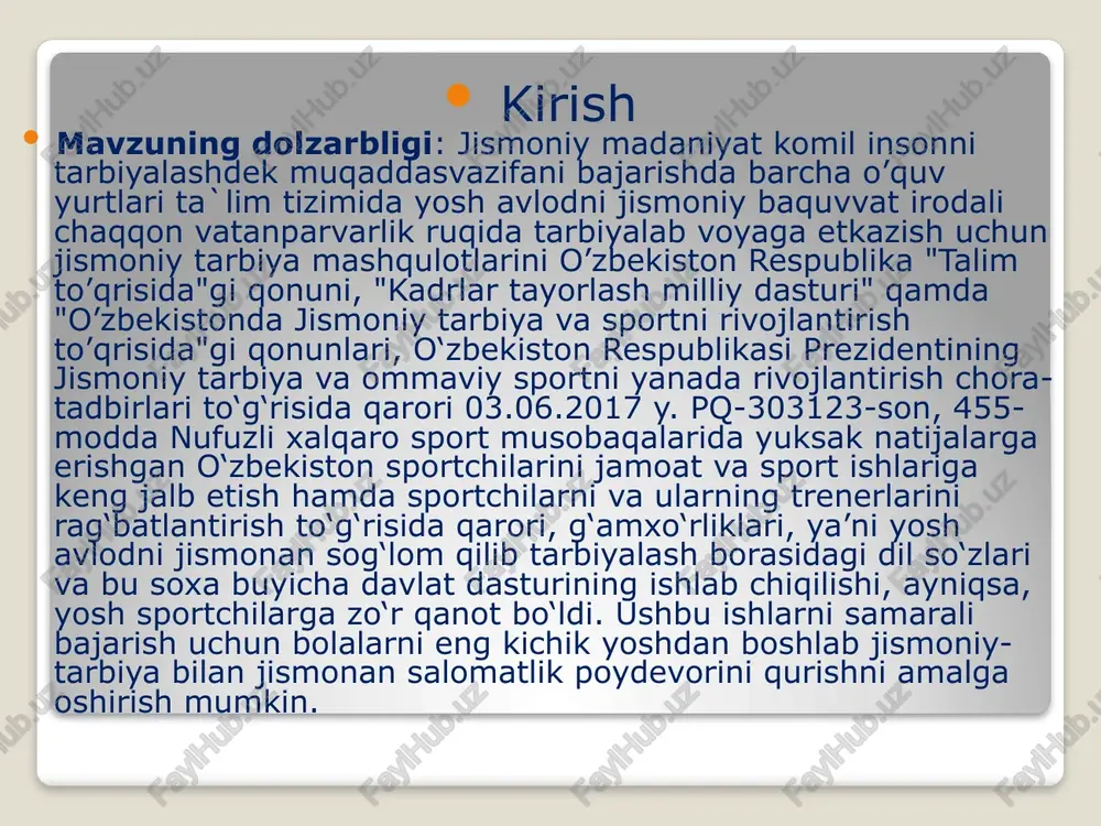 biya bilan jismonan salomatlik poydevorini qurishni amalga oshirish mumkin. o’zbekistonda jismoniy madaniyat va sportni rivojlantirish to’qrisida kadrlar tayyorlashdagi oqilona tizim muqim aqamiyatga ega. shu bois respublikamizda jis moniy madaniyatning maqsad va vazifalari hukumatning ham da respublika jismoniy -tarbiya va sport qo’mitasining qaroridan kelib chiqqan holda amalga oshiriladi. respubli kamizda amalga oshirilatyotgan jismoniy madaniyatni o’z oldiga qo’ygan maqsadi sog’lom-ruhan tetik va bunyodkor insonni qayotga tayyorlashtdan iborat. o’zbekiston respublikasi prezidenti islom karimov "biz sog’lom avlodni tatbiyalab etkazishimiz kerak, sog’lom kishi deganda faqat jismoniy sog’liqni emas balki sharqona odob-ahloq va umumbashariy g’oyalar ruhida kuamol topgan insonni tushunamiz", -deydi o’zbekiston respublikasi oliy majlisining 1-yig’ilishidagi ma`ruzasida. “jismoniy madaniyatning maqsadi jamiyatning sog’lom hushchaqchaq har tomonlama jismonan rivojlangan, mehnat va vatan himoyasiga tayyor turgan qo’riqchilarni 5 tarbiyalashdan iborat uzoq muddatli uyushtirilgan pedagogik jarayondir”. birinchi prezidentimiz i.a.karimov "sog’lom avlod uchun" ordenini topshirish marosimida so’zlashgan nutqlarida alohida ta`kidlab o’tganlar: "biz asrimizning kelajag avlod uchun kurash boshladik. shu nom bilan …