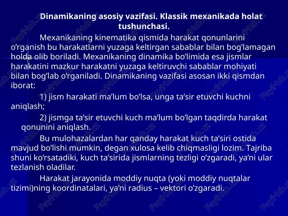 i chiziqli harakat qiladi. o’z-o’zidan ravshanki, agar biror inersial tizimini tanlab olgan bo’lsak, u holda unga nisbatan to’g’ri chiziqli tekis harakat qilayotgan boshqa sanoq tizimlari ham inersial sanoq tizimi bo’ladi. nyutonning birinchi qonuni. massa va kuch ingliz fizigi isaak nyutonning "natural falsafaning matematik asoslari" (1687 y) degan asarida dinamika qonunlari bayon etilgan. agar jismga boshqa jismlar ta’sir etmasa, o’zining tinchlikdagi xolatini yoki harakatdagi holatini saqlaydi. jismni tinch yoki harakatdagi holatini tashqi kuchlar ta’sir etmaganda saqlash xususiyati, jismni inertligi deyiladi. shuning uchun ham nyutonning i qonunini inersiya qonuni deb ham aytiladi. nyuton birinchi qonunining to’g’riligi tajribalardan olingan natijalarni umumlashtirishdan kelib chiqadi. nyuton qonunlari bajariladigan tizim inersial sanoq tizimi deyiladi. bu sistema boshqa inersial sistemaga nisbatan tinch holatda yoki to’g’ri chiziqli tekis harakatda bo’lishi kerak. koordinata boshi kuyoshda, o’qlari yulduzlarga qarab ketgan geliosentrik sistema inersial sanoq sistemasi bo’ladi. bu sistemada nyutonning birinchi qonuni aniq bajariladi. tajribalardan ma’lumki, o’zgarmas kuch ta’sirida turli jismlar …