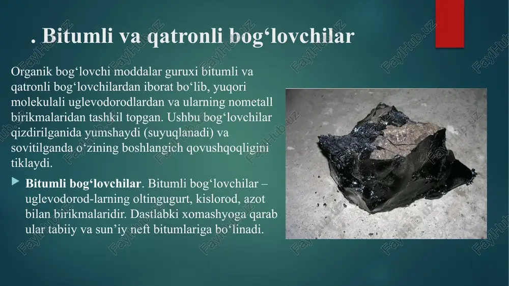 oksidlangan va kreking neft bitumlariga bo‘linadi. qoldiq bitumlar (gudron) neftdan xaydash yo‘li bilan benzin, kerosin va moylarining bir qismini ajratib olishdan keyin hosil bo‘ladi. normal xaroratda ular qattiq moddadan iborat. oksidlangan bitumlar neft qoldiqlari orqali xavo puflab o‘tkazilib olinadi, bunda ular kislorod ta’siri ostida oksidlanadi va zichlanadi. kreking bitumlari esa neft va neft maydalarining yuqori xaroratda (krekinglashda) parchalanish maxsulotidir. neft bitumlarining rangi qora yoki to‘q qo‘ng‘ir bo‘ladi. qovushqoqligiga qarab ular qattiq, yarim qattiq suyuq bitumlarga bo‘linadi. qattiq va yarim qattiq neft bitumlari qurilish, tombop yoki yo‘l bitumlariga bo‘linadi. qattiq yoki yarim qattiq neft bitumlari uralma gidroizolyatsion va tombop materiallarni, bitum mastikalari, laklari va boshqalarni tayyorlash uchun ishlatiladi. qurilishda neft bitumlaridan foydalanilganda bitum markasi hamda ayni joyning iqlim sharoitlari va bitumning ishlatilish soxasiga qarab bitum aralashmasi tanlanadi. bitumlarning xossalari. neft bitumlarining sifatini va markalarini aniqlaydigan asosiy xossalari – qovushqoqligi, yumshash va o‘t olish xarorati, cho‘ziluvchanligidir. qovushqoqlik ignali penetrometrda o‘lchanadi. ignaning bitumga …