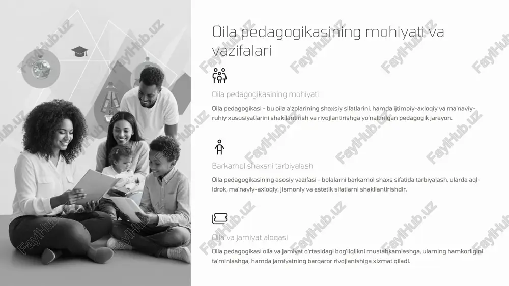 tiga shu jumladan, oila tajribasining o'rgatilishiga ta'sir etadi. bu omillar oila pedagogikasining shakllantiruvchisi bo'lib xizmat qiladi. 3 yangi texnologiyalar raqamli texnologiyalar va axborot-kommunikatsiya vositalari oila ichidagi munosabatlarni, farzandlar tarbiyasi va ta'limini o'zgartirib yuboradi. bu omil oila pedagogikasi sohasidagi yangilanishlarni taqozo etadi. 4 oila pedagogikasi fanining tarixiy ildizlari oila pedagogikasi fanining tarixiy ildizlari qadimgi davrlar va o'rta asrlarga borib taqaladi. o'sha davrlarda insonlar farzandlarini oilada tarbiyalash, ota-onalarning bolalari bilan munosabatlari, oila madaniyati singari mavzularga katta e'tibor berishgan. sharq mutafakkirlari, jumladan, abu nasr forobiy, abu rayhon beruniy, yusuf xos hojib kabi allomalar oilada bolalarni tarbiyalash masalalarini ilmiy jihatdan tadqiq qilgan va ushbu sohada muhim asarlar yozganlar. 5 o'rta osiyoda oila pedagogikasi yo'nalishining vujudga kelishi urf-odat va an'analar o'rta osiyo mintaqasida oila va uning tarbiyaviy rolini aks ettiruvchi urf-odat va an'analar asrlar davomida shakllangan. bu mintaqaga xos bo'lgan milliy qadriyatlar oila pedagogikasining asosini tashkil etadi. buyuk mutafakkirlar merosi sharq mutafakkirlari - ibn sino, …
