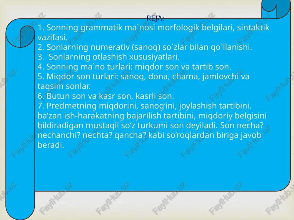 n sondan boshqa so‘z turkumlari yasalishi mumkin: birlik, beshlik (ot), ikkilan (fe’l), bittalab (ravish) kabi.  sonlarning otlashishi gapda otning so’rog’iga javob bo’ladigan va ot kabi ko’plik, egalik, kelishik shakllarida kela oladigan son otlashgan son deb ataladi: beshga, uchni, ikkimiz, ikkinchilar. otlashgan sonlar xuddi otlar kabi ega, ot–kesim, to’ldiruvchi, qaratqich aniqlovchi va hol vazifalarini bajaradi: besh – o’nning yarmi. beshni uchga qo’shsa, sakkiz bo’ladi. imtihonlar yibirmanchida bo’ladi.  son ma’no jihatdan va grammatik xususiyatlarga ko‘ra ikki guruhga bo‘linadi: sanoq sonlar va tartib sonlar. sanoq son predmet yoki ish-harakatning sonini, miqdorini, belgisini bildiradi: uch bola, ikkita kitob, besh tonna paxta, olti kilogramm sotib oldi kabi. sanoq sonlar hisob so‘zlarisiz va hisob so‘zlari bilan qo‘llanish xususiyatiga ega: ikkita qalam, besh talaba, o‘ntacha o‘quvchi - hisob so‘zlarisiz; olti tup daraxt, uch litr sut, o‘n oy o‘tdi, ikki marta chaqirdi - hisob so‘zlari bilan kelgan. hisob so‘zlari ko‘p hollarda predmetning, ba’zan ish-harakatning hisobini ko‘rsatuvchi …