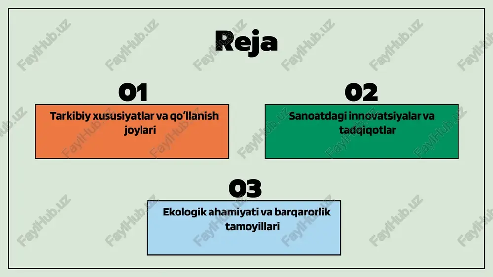 di. qoʼllanish joylari sanoatdagi innovatsiyalar: kirish sanoatdagi innovatsiyalar, ishlab chiqarish jarayonlarini yaxshilash, raqobatbardoshlikni oshirish va yangi materiallar yaratish uchun muhim ahamiyatga ega. ular ishlab chiqarish jarayonlarini o'zgartirib, samaradorlikni oshiradi. innovatsiyalarning ahamiyati raqobatbardoshlikni oshirish yangi materiallar va texnologiyalar innovatsiyalarning rivojlanish tendentsiyalari innovatsiyalar ishlab chiqaruvchi korxonalar uchun muhim bo'lib, ularning o'sishi va rivojlanishi uchun zarurdir. ushbu jarayonlar doimiy ravishda takomillashib bormoqda va yangi texnologiyalarni o'z ichiga olmoqda. shuningdek, innovatsiyalar orqali yangi materiallar va organik bog'lovchilar ishlab chiqarilishi raqobatbardoshlikni oshirishga yordam beradi. bu o'zgarishlar, ishlab chiqarish jarayonlarini yanada samarali qiladi. organik bogʼlovchilar haqida organik bogʼlovchilar, asosan, sanoat uchun muhim materiallar hisoblanadi. ular koʼplab ishlab chiqarish jarayonlarida qoʼllaniladi va turli mahsulotlar tayyorlashda muhim rol oʼynaydi. ularning kimyoviy tarkibi va ijtimoiy-iqtisodiy ahamiyati haqida bilish, ularni samarali foydalanish uchun zarur. organik bogʼlovchilarni aniqlash uchun ularning fizik va kimyoviy xususiyatlari oʼrganiladi. bu xususiyatlar, masalan, yopishqoqlik, erish darajasi va qattiqlik kabi koʼrsatkichlar hisobga olinadi. sanoatda organik bogʼlovchilar keng …