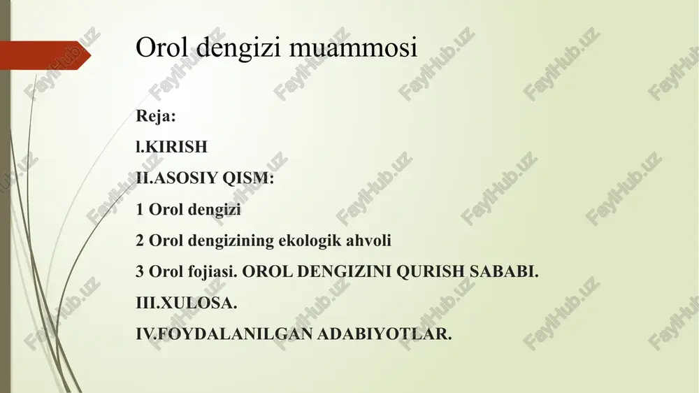 m atrofida oʻzgarib turgan. havzasining kattaligi uchun dengiz deb atalgan. orol dengizi yuqori pliotsenda yer poʻstining egilgan yeridagi botiqda hosil boʻlgan. tubining relyefi (gʻarbiy qismini hisobga olmaganda) tekis. orol dengizida juda koʻp yarim orol va qoʻltiqlar boʻlgan. shimol qirgʻoklarida eng katta qoʻltiqlaridan chernishev, paskevich, sarichigʻanoq, perovskiy, janubi-sharqiy va sharqiy qirgʻoqlarida tushbas, ashshibas, oqsagʻa, suluv va boshqa, amudaryo bilan sirdaryo quyiladigan joylarida ajiboy, tolliq, jiltirbas qoʻltiklari, qulonli va moʻynoq yirik yarim orollari boʻlgan. orol dengizida qadimdan suv sathi goh koʻtarilib, goh pasayib turgani ma'lum. keyingi geologik davrda sariqamish va oʻzboʻy orqali orol dengizi suvi vaqt-vaqti bilan kaspiyga quyilgan, suv sathi ancha baland boʻlib, jan.vajan.-sharqidagi bir necha ming km² maydonli sohil suv ostida boʻlgan. orol dengizi unchalik chuqur emas. chuqur joylari orol dengizining gʻarbiy qismida. qoraqalpogʻistonning shimoliy qismi ustyurt tegisligi yonida chuqurligi 69 m gacha yetgan. orol dengizi va orol boʻyi hududi maʼmuriy jihatdan oʻzbekiston (qoraqalpogʻiston) va qozogʻiston hududida joylashgan. orol dengizining …