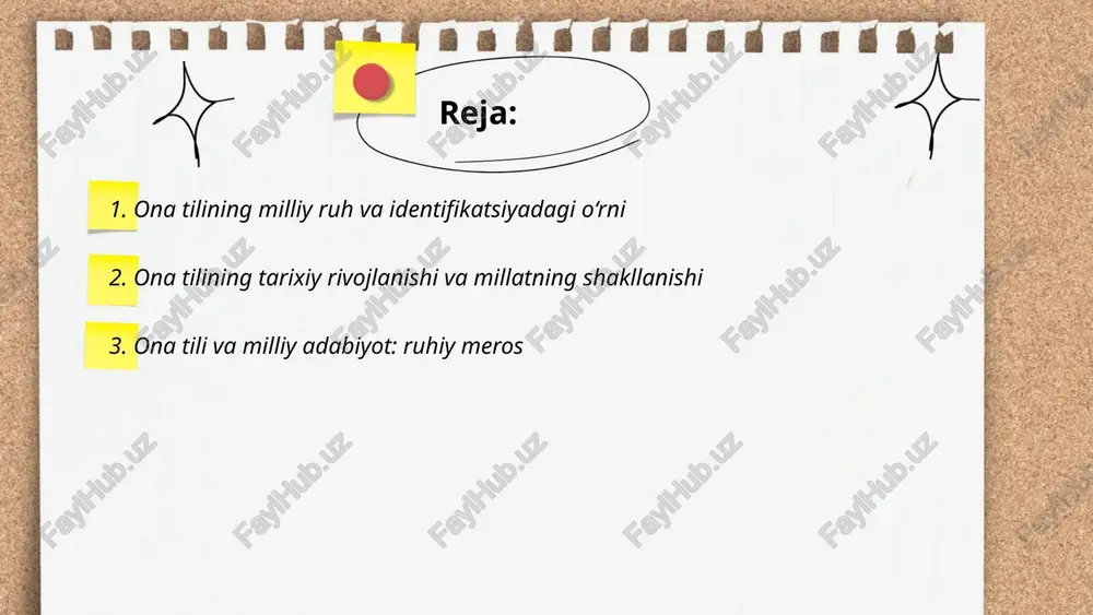 lini davlat tili etib belgilaydi, tilni rivojlantirishga davlat dasturlari, qonunlar va normativ hujjatlar asosida amaliy chora-tadbirlar ko‘riladi. ta'limda ona tili va adabiyotni mustahkamlash, maktab va oliy ta'limda darsliklar yaratish, ommaviy axborot vositalari, kitob nashri va terminologiya ishlari qo‘llab-quvvatlanadi. davlat tilini o‘rgatish, raqamli resurslar, kadrlar tayyorlash, monitoring va qonuniy himoya mexanizmlari mavjud. milliy til siyosati ijtimoiy integratsiya va madaniy merosni saqlashga xizmat qiladi. ... t.me/slaydai_bot ona tilining pedagogikasi yoshlar tarbiyasi va milliy ongni shakllantirishga qaratilgan. maqsadlar: 3 — milliy ongni rivojlantirish, ona tilini hurmat qilish, madaniy merosni saqlash. asosiy tamoyillar: 4 — davriylik, integratsiya, amaliy yo‘naltirish, milliy identifikatsiya. metodlar: interfaol darslar, tarixiy-adiabiy tadbirlar, loyihaviy faoliyat, media va raqamli resurslardan foydalanish. natijalar: til bilimi, madaniy ma’rifat, vatanparvarlik va ijtimoiy faollikning oshishi. ... t.me/slaydai_bot dialektlar va shevalar millat ruhining rang-barangligini ifodalaydi. hududiy talaffuz, leksika, morfologiya va sintaksis farqlari mintaqaviy madaniyat, tarbiya va tarixni aks ettiradi. shevalar xalq og‘zaki ijodi, qo‘shiqlar, ertaklar va odatlarni …
