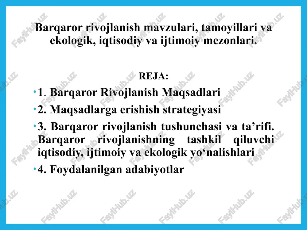 gro xarlem brundtland kontseptsiyasi degan nomini olgan «bizning umumiy kelajagimiz» ma’ruzasida hozirgi avlod odamlarni hayotiy ehtiyojlar qondirilishini kelasi avlodning munosib hayotga bo’lgan huquqini hisobga olib, dunyo hamjamiyatining barqaror rivojlanish kontseptsiyasi modelini yaratdi. bmt bosh assambleyasining 1989 yil dekabr oyidagi 44\428-sonli rezolyutsiyasida barqaror rivojlanish strategiyasini ishlab chiqish maqsadida bmtning maxsus konferentsiyasini chaqirish to’g’risidagi qaror qabul qilindi va u alohida mavzu tariqasida ko’rib kun tartibiga kiritildi. barqaror rivojlanish kontseptsiyasi – davlatlar va butun dunyo hamjamiyatining xususiyat, mohiyat va tarkibiy jihatdan bir me’yorda(stabil) rivojlantiruvchi qarashlar tizimidir. konferentsiyaning maqsadi - davlatlarning barqaror rivojlanishi va tinch-totuv yashashini ta’minlash uchun ekotizimlarga tushadigan bosimni kamaytirish. konferentsiya ishtirokchilari ikkinchi ming yillikning to’qnashuvida umuminsoniy vazifalardan bo’lmish quyidagi uch asosiy hujjatni: 1) atrof-muhitni muhofaza qilish va rivojlanishga doir rio deklaratsiyasi; 2) o’rmonlardan oqilona foydalanishni saqlash va uni o’zlashtirish mezonlari to’g’risidagi bayonot; 3) xxi asr kun tartibini ishlab chiqdilar. barqaror rivojlanishning tashkil qiluvchi iqtisodiy, va ekologik yo’nalshlari. “dunyo, rivojlanish va atrof-muhit …