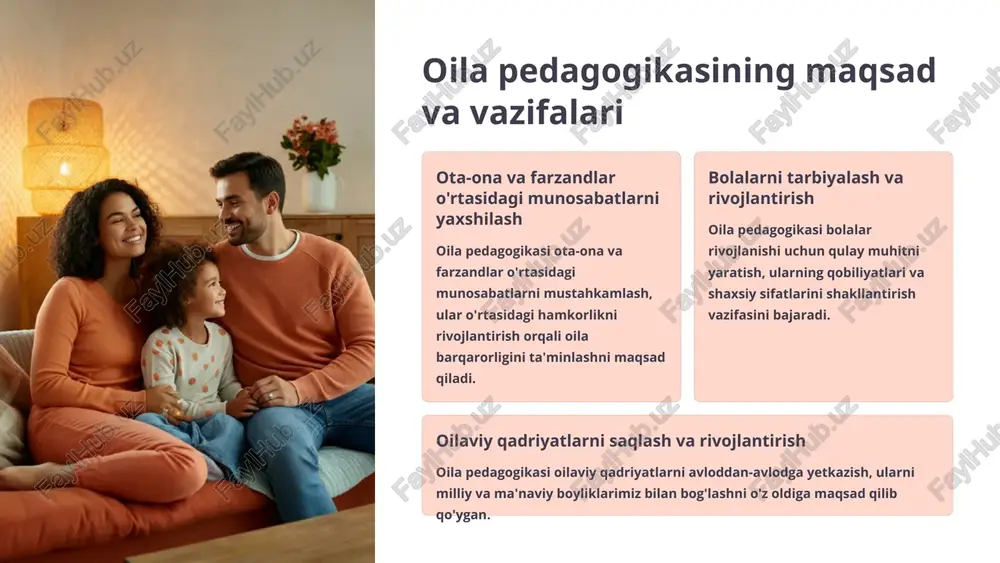 mumkin. qadimgi yozma yodgorliklardan ma'lum bo'lishicha, oila va uning tarbiyaviy ahamiyati insoniyat ongida uzoq yillar davomida shakllanib kelgan. o'rta asrlarda oila tarbiyasi, asosan, axloq-odob, ibodatlar, urf-odatlar bilan bog'liq bo'lgan. xx asrda esa oila pedagogikasi mustaqil fan sifatida shakllanib, rivojlana boshladi. 4 oila pedagogikasining nazariy va amaliy asoslari nazariy asoslar oila pedagogikasining nazariy asoslari oila va unintg taraqqiyoti, bolalar tarbiyasi, muloqot va ijtimoiylashish, oila-jamiyat munosabatlari kabi masalalarni o'z ichiga oladi. bu sohaning nazariy-konseptual bazasi jamoat fanlari, psixologiya, sotsiologiya va boshqa sohalardagi ma'lumotlarni o'zaro bog'laydi. amaliy asoslar oila pedagogikasi amaliy yo'nalishlari sifatida oila a'zolari orasidagi munosabatlarni muvofiqlashtirish, bolalar tarbiyasiga oid usullarn ishlab chiqish, oila-jamiyat munosabatlarining samarali modellarini yaratish kabi masalalar ko'zda tutiladi. bu sohada ijtimoiy xizmatlar, davlat dasturlari va boshqa amaliy yondashuvlar muhim ahamiyat kasb etadi. 5 oila pedagogikasining normativ-huquqiy bazasi oila pedagogikasi sohasidagi normativ-huquqiy bazani konstitutsiya, qonunlar, hukumat qarorlari va boshqa me'yoriy hujjatlar tashkil etadi. bu hujjatlar oila, ta'lim va tarbiya …