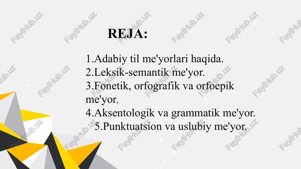 siya etish va shu asosda tilning fonetik, orfoepik, orfografik, leksik, grammatik qonun-qoidalarini ishlab chiqish va ularni tartibga solish tushuniladi. hozirgi kunda tilshunosligimizda o‘zbek adabiy tilining me'yorlari quyidagicha tasniflanadi: 1. leksik-semantik me'yor. 2. orfoepik (talaffuz) me'yor. 3. yozuv (grafik) me'yori. 4. fonetik me'yor. 5. aksentologik (urg‘uni to‘g‘ri qo‘llash) me'yor. 6. grammatik me'yor (morfologik va sintaktik). 7. so‘z yasash me'yori. 8. imloviy me'yor. 9. punktuatsion me'yor. 10. uslubiy me'yor. leksik-semantik me'yor. bu me'yor so‘z tanlash va uni nutqda o‘rinli qo‘llash qoidalari bilan ish ko‘radi. so‘z qo‘llash me'yoriga ko‘ra umumxalq tilida mavjud bo‘lgan lug‘aviy birliklardan eng ma'quli me'yor sifatida tanlab olinadi hamda ulardan foydalanish tartibi belgilab beriladi. berilgan she'riy parchada qo‘llangan tovushqon so‘zi shevaga xos bo‘lib, uning qo‘llanishi leksik me'yorga xilof. ba'zan nutqda paronimlarni noto‘g‘ri qo‘llash, (archish-artish, o‘tkazish-o‘tkazish kabilar) dubletlarning farqiga bormaslik (poeziya-nazm, tolib-talaba), sinonim so‘zlarni o‘z o‘rnida qo‘llamaslik (aft- chehra-turq-oraz) holatlari ham adabiy til leksik me'yorining buzilishiga olib keladi. orfoepik me'yor. orfoepik …