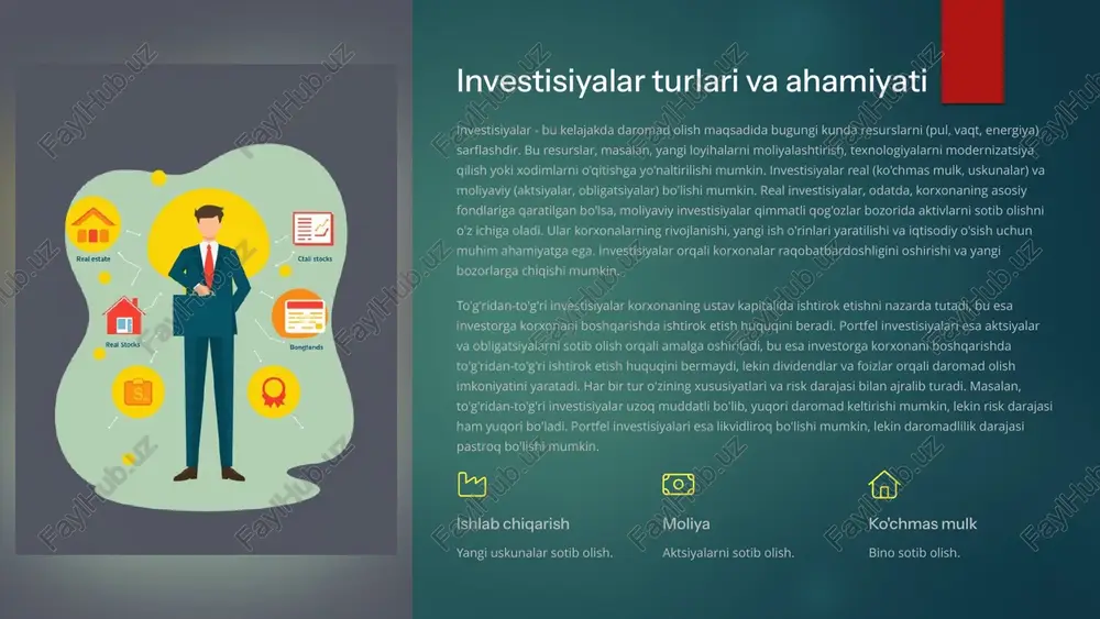 esa investorga korxonani boshqarishda ishtirok etish huquqini beradi. portfel investisiyalari esa aktsiyalar va obligatsiyalarni sotib olish orqali amalga oshiriladi, bu esa investorga korxonani boshqarishda to'g'ridan-to'g'ri ishtirok etish huquqini bermaydi, lekin dividendlar va foizlar orqali daromad olish imkoniyatini yaratadi. har bir tur o'zining xususiyatlari va risk darajasi bilan ajralib turadi. masalan, to'g'ridan-to'g'ri investisiyalar uzoq muddatli bo'lib, yuqori daromad keltirishi mumkin, lekin risk darajasi ham yuqori bo'ladi. portfel investisiyalari esa likvidliroq bo'lishi mumkin, lekin daromadlilik darajasi pastroq bo'lishi mumkin. ishlab chiqarish yangi uskunalar sotib olish. moliya aktsiyalarni sotib olish. ko'chmas mulk bino sotib olish. 2 o'zbekiston investision muhiti: afzalliklar va kamchiliklar o'zbekiston investision muhiti bir qator afzalliklarga ega: siyosiy barqarorlik, boy tabiiy resurslar, arzon ishchi kuchi, hukumat tomonidan qo'llab-quvvatlash. siyosiy barqarorlik investorlar uchun xavfsiz va ishonchli muhitni ta'minlaydi, bu esa uzoq muddatli investision loyihalarni amalga oshirish uchun muhimdir. mamlakatning boy tabiiy resurslari, jumladan, gaz, neft, oltin va boshqa foydali qazilmalar, investisiyalar uchun …