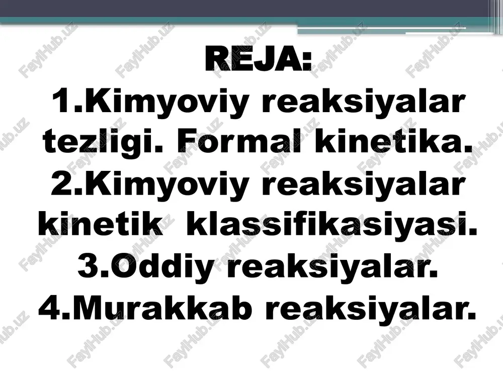 stiya mahsulotlari konstentrastiyasining o’zgarishi o’lchanganda esa musbat ishora qo’yiladi. ya’ni v  dcdt bo’ladi. yuqoridagi tenglamaga qaytsak reakstiya geterogen bo’lsa va fazalar chegarasida borsa reakstion fazo o’rniga yuza qo’yiladi (rs). massalar ta’siri qonuni reakstiya tezligiga reaksiyaga kirishuvchi moddalar konstentrastiyasi ta’sirining matematik ifodasidir aabb = c cdd reakstiyaning tezligi masalalar ta’siri qonuniga muvofiq quyidagicha yoziladi vk [a]a[b]b bu erda k-proporstionallik koeffistienti bo’lib, reakstiyaning tezlik konstantasi deb ataladi. agar reakstiyaga kirishuvchi moddalarning konstentrastiyalari birga teng bo’lsa: vk bo’ladi. demak, tezlik konstantasi (k) reakstiyaga kirishuchi moddalarning konstentrastiyalari birga teng bo’lgandagi reakstiya tezligidir. shuning uchun ba’zan k ni solishtirma tezlik deb ham ataladi. reakstiyalar tezligi kuzatilgan tezlik bilan emas, tezlik konstantasi bilan solishtiriladi. tezlik konstantasining qiymati reakstiyaga kirishuvchi moddalarning tabiatiga, temperaturaga va katalizatorga bog’liq bo’lib, reakstiyaga kirishuvchi moddalarning konstentrastiyasiga (yoki parstial bosimga) bog’liq emas kimyoviy reaksiyalar kinetik klassifikastiyasi. kinetik nuqtai nazardan kimyoviy reakstiyalarning bir qancha gruppalarga bo’lish mumkin, ya’ni ma’lum reastiyalar orasida umumiylik borligini …