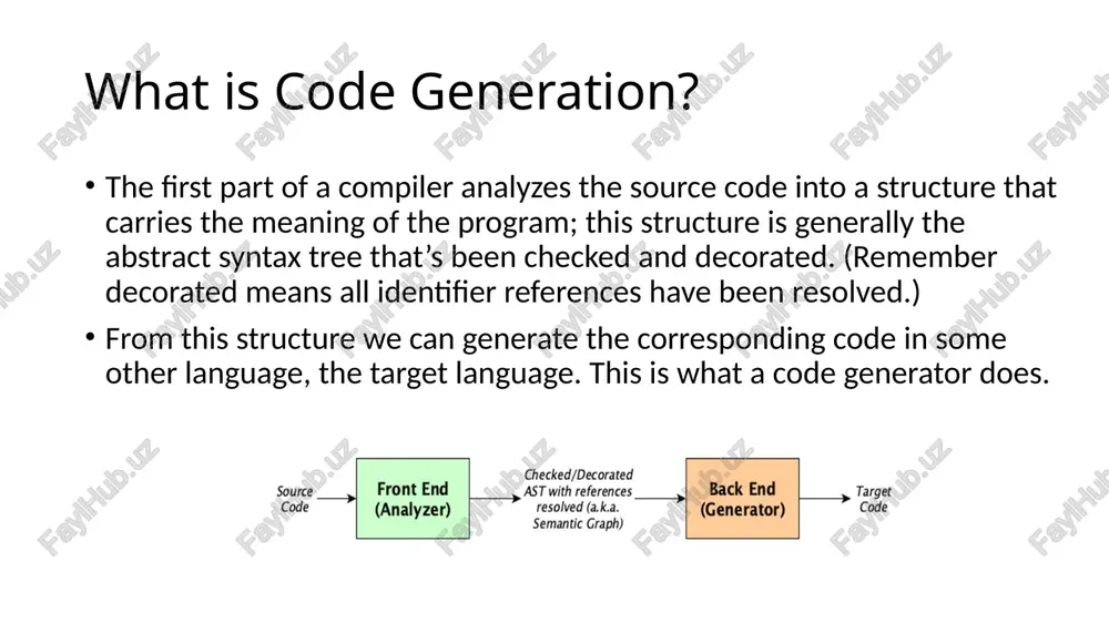 ta from the database, or is it better to have some program automatically create these for you? disadvantages the big disadvantage is that it forces you into writing the code that is compatible with the generated code. most of the time this isn't a problem, but it can be a real hassle when someone comes up to you and says "hey, can we do x?" and that conflicts with the generated code. if the generator is good, it will allow you to change functionality, but that almost always increases the complexity of the code generated etc. this complexity has a price. it's more difficult to understand, and it can be less efficient that code you write yourself. this of course varies by situation. image1.png image2.png image3.png source code front end (analyzer) checked/decorated ast with references resolved (a.k.a. semantic graph) target code source code front semantic end graph > int. repr. …