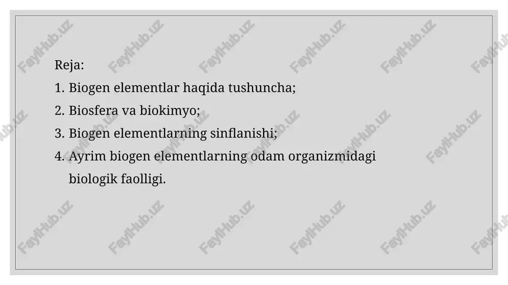 tanosibligining sabablaridan biri mis ionlarining o‘simliklar tarkibidagi oqsil, aminokislotalar va h.k. bilan titanga qaraganda barqaror komplekslar hosil 10 qilishidir. natijada o‘simliklarda ko‘p miqdorda misli birikmalar bo‘ladi va oqibatda organizmga ko‘plab kirish imkoniyatiga ega bo‘ladi. odam organizmi turli biogen elementlarga bo‘lgan talabini asosan ozuqa mahsulotlari hisobiga qoplaydi biosfera va kimyo har qanday tirik organizmning hayotiy faolligi, unda sodir bo‘ladigan modda almashinuv jarayonlarining o‘ziga xosligi shu organizm joylashgan atrof-muhitning kimyoviy tarkibiga uzviy ravishda bog‘liq bo‘ladi. organizmlarning shakllanishi va taraqqiy qilishiga kimyoviy elementlarning yer qobig‘i va uning sathi (suv, havo) dagi miqdori, o‘zlashtira olinishi mumkin bo‘lgan shakllari va boshqa geokimyoviy omillar katta ta’sir ko‘rsatadi. buning natijasida tirik organizm atrof-muhitga biokimyoviy va morfologik jihatdan yondoshib, undagi kimyoviy elementlardan o‘z ehtiyojiga yarasha foydalanadi. masalan er qobig‘ida uchraydigan mikroorganizmlar ma’lum sharoitda o‘zida kobalt, mis, rux, yod va boshqa elementlarni juda ko‘p miqdorda yig‘a oladi. ularning ba’zi turlari shu elementlarni ularning tabiiy birikmalaridan o‘zlashtiribgina qolmasdan, balki metall …
