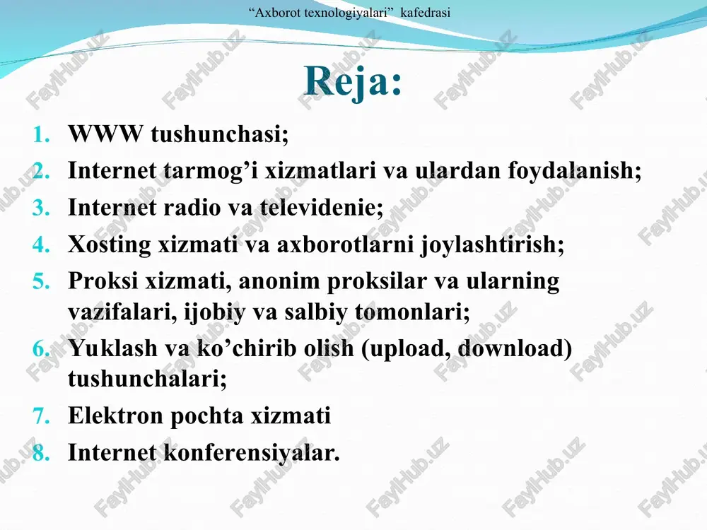 rnetga murojaatni ta`minlaydi; bu xizmat uchun odatda oylik to`lov olinadi. provayder foydalanuvchi qayd yozuvini sozlashi zarur bo`lib, bu qayd yozuv foydalanuvchi nomi va parolni saqlaydi; ko`pgina provayderlar foydalanuvchiga elektron pochta manzilini taklif etadi. internet-provayderlar bugungi kundagidek odatiy hol bo`lishidan oldin 90-yillarda internetga murojaat odatda universitetlar a`zosi yoki davlat tashkilotlari a`zolari bo`lgan foydalanuvchilargagina murojjatli edi.1 1david watson and helen williams, computer science, ® igcse is the registered trademark of cambridge international examinations, 2014. “axborot texnologiyalari” kafedrasi internet radio va televideniya www tarmog’idagi ma`lumotlardan foydalanish uchun faqatgina brouzerlarning xizmati kamlik qiladi. ya`ni audio hamda video hujjatlarni aks ettiruvchi tezkor dasturlar ham mavjuddir. bu dasturlar serverlarda joylashgan yoki to’g’ridan - to’g’ri uzatilayotgan audio hamda video hujjatlardan foydalanishga imkoniyat yaratadi. bular: real rlayer, quck rlayer, cosmo rlayer, media rlayer. “axborot texnologiyalari” kafedrasi xosting xizmati va axborotlarni joylashtirish foydalanuvchi veb-sahifalarini internet provayderi serverida joylashtirish va joriy qilish amali xosting deb ataladi. xosting so’zi to’la qonli …