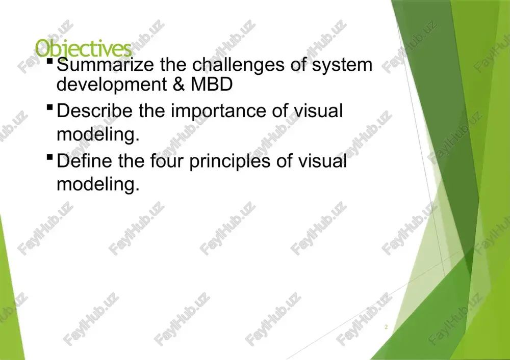e structure or behavior of a system. gives you a template that guides you in constructing a system. documents the decisions you have made. you build models of complex systems because you cannot comprehend such a system in its entirety. you build models to better understand the system you are developing. the importance of modeling 11 paper airplane fighter jet less important more important software teams often do not model 12 many software teams build applications approaching the problem like they were building paper airplanes start coding from project requirements work longer hours and create more code lacks any planned architecture doomed to failure modeling is a common thread to successful projects where are we? system development challenges what is modeling? how can it help? four principles of visual modeling 13 four principles of modeling 14 the model you create influences how the problem is attacked. every model may be …
