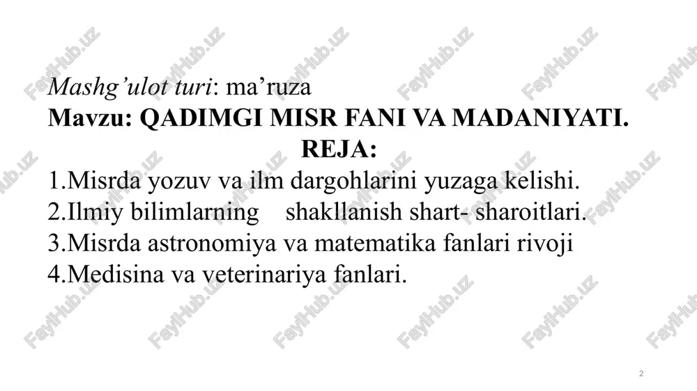 l.avv xiii asr qadimgi misrliklarda astronomiya ilmi ancha rivoj topgan. yulduzlarni kuzatgan misrliklar bir yilda 365 kun borligini aniqlashgan va taqvim tuzishgan. misrliklarda geometriya va matematika fani ham taraqqiy etgan. ular nafaqat oddiy arifmetik hisoblashni, balki kasr, maxraj va murakkab hisob-kitoblarni ham bilishgan. tibbiyot – fani ham boshqa fanlar qatori misrliklarga ancha tanish bo’lgan. mumiyolangan mayyitlarni tayyorlab turib, odamning ichki tuzilishini yaxshi o’rgandilar qadimgi misrdagi maktab. papirus. matnda geometrik muammo yechimining topilishi. misrdagi maktablarda ulamolar va ruhoniylar tayyorlanar edi, ular ibodatxonalarda joylashgan edi. ular yozishni, matematikani va astronomiyani o'rganishgan. maorif va maktab qadimgi misrda o’qitish maskani maktablar juda erta joriy qilingan. maktablarda firavnlar,ayollar,amaldorlar,kohinlar imkoniyati bo’lgan kishilar, o’qishga havasmand bolalar ham o’qitilgan. bolalar maktabda harf o’rgatish va savod chiqarish bilan shug’ullanganlar. unda bolalarga husnixat o’rgatilib, ular har kuni uch sahifa yozishlari kerak edi. o’rta va oliy maktablar ham bo’lgan. bu maktablarning ko’pchiligi mirzolar tayyorlab chiqaradigan saroy maktablari bo’lib, ularni “mirzolar maktabi” …