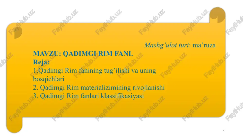 vojlangan madaniy yutuqlarini o‘zlashtirib oldi. rim madaniyati asra-sekin shakllandi va nihoyasida yuqori darajada rivojlangan madaniy-ma’naviy yutuqlarni o‘zida aks ettirdi. respublika davridagi rim madaniyati imperiya davri rimi madaniyatining asosi bo‘ldi. qadimgi rim madaniyati jahon tarixidagi eng ta'sirli madaniyatlardan biri edi. uning rivojlanishi miloddan avvalgi 8-asrda boshlangan. va milodiy v asrda rim imperiyasi qulagunga qadar davom etgan. rim madaniyati siyosat, ta’lim va san’at kabi keng sohalarni qamrab olgan. siyosat qadimgi rim madaniyatining asosiy tamoyili edi. miloddan avvalgi 509 yilda tashkil topgan rim respublikasi 400 yildan ortiq vaqt davomida mavjud bo'lib, qonun ustuvorligi, qonun oldida tenglik va xalq suvereniteti tamoyillari asosida tashkil etilgan. keyinchalik respublika markazlashgan davlat apparati tomonidan boshqariladigan imperiyaga aylandi. qadimgi rim siyosatining muhim qismi armiya bo'lib, u dunyodagi eng qudratlilardan biri hisoblangan va rim imperiyasining asosi bo'lgan. 6 din. rimliklarning an’anaviy e’tiqodida totemizm, fetishizm va animizmning qoldiqlari mavjud edi. rim dinida urug‘ va oila e’tiqodlari muhim o‘rin tutar edi. har …
