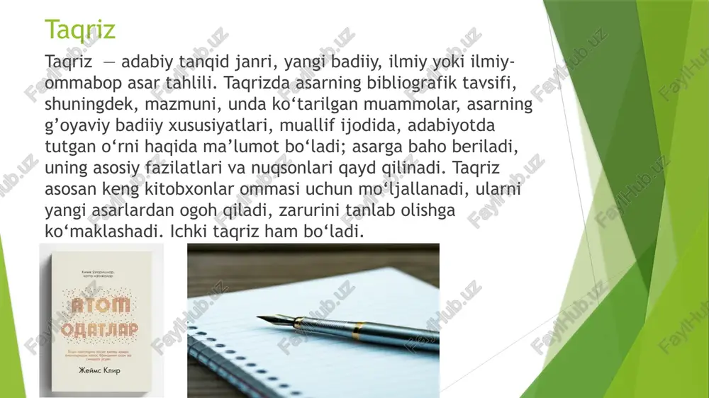 i ishning ahamiyati haqidagi xulosalar va umumiy baho shunga bog’liq bo‘ladi. taqriz tuzilmasi mavzuning dolzarbligi ishda ko‘tarilgan masalalarning muhimligi, bilim va madaniyatning u yoki bu sohalarida zamonaviy muammolarni yechish uchun ahamiyati ko‘rsatib o‘tiladi. taqriz tuzilmasi qisqacha mazmuni o‘qib chiqilgan matnning mazmunini anglay olish, avval olingan bilimlar bilan bog‘lay olish zarur, chunki ishning qisqacha mazmuni taqrizda uning tanqidiy tahlili va bahosi bilan mutanosib bo‘lishi kerak. taqriz tuzilmasi baholash qismi taqriz tuzilmasi odatda dastlab taqriz berilayotgan ish u yoki bu janrga beriladigan umumiy talablarga mos kelishi nuqtai nazaridan baho beriladi. uning yutuqlari keltiriladi: yangiligi, mavzuni ochib berilganligi, xulosalarning dalillar bilan berilishi, misollar, illyustratsiyalar, chizmalarning berilishi; bayon etilgan mavzu bo‘yicha adabiyotlar bilan tanish ekanligi; muammoli masalalar bo‘yicha turli qarashlarni taqqoslash va tahlil qilish qobiliyati, bayon qilish uslubi va h.k. so‘ng taqriz beruvchi tanqidiy fikrlarga o‘tadi, kamchiliklarni ko‘rsatadi. ularni ko‘rsatib o‘tish taqrizni faqat salbiy qilib ko‘rsatishi kerak emas. retsenzentning tahlil qilinayotgan ish va muallifga …
