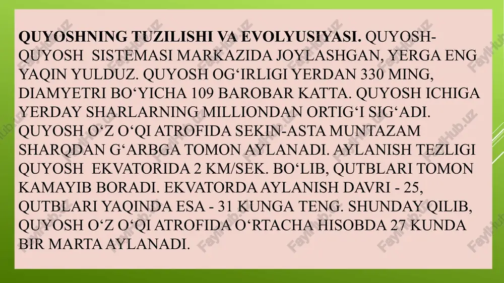 ib, ular qalinligi diametriga qaraganda minglab marta kichik bo‘lgan disk shaklida taqsimlangan. eng yirik quyuqlashgan bo‘laklarning massasi tez ortib borgan. keyin moddaning har xil kattalikdagi hosil bo‘lgan dastlabki “po‘k” guvalaklarning ko‘pchiligidan bir necha yirik jismlar-planetalar paydo bo‘lgan. hisob-kitoblar, yer o‘zining hozirgi massasiga bir necha yuz million yilda erishganligini ko‘rsatdi. sirti sovuq bo‘lgan yerning ichki qismi radioktiv elementlar hisobiga qiziy boshlagan. bu yerning ichidagi moddalarni erishiga olib kelgan. og‘ir elementlar cho‘kib yadroni vujudga keltirganda, yengil elementlar sirtga chiqib yer qobig‘ini vujudga keltirgan. bo‘lajak planetalarni o‘rab olgan zarralar to‘plamida ularning bir-birlariga yopishish jarayoni yuz bergan va oqibatda planetalarning yo‘ldoshlari paydo bo‘lgan. 1913 - yilda amerika astronomi j. xeyel quyosh dog‘lariquyosh sirtining sovigan qismlari ekanligini va sirtida kuchli magnit maydonlari borligini kashf etdi. 1940 yil boshida quyosh radio to‘lqinlar manbai ekanligi, keyinchalik quyosh toji spektorida bir necha chiziqlarni, ko‘p marta ionlangan kimyoviy elementli chiziqlar ekanligi hamda quyosh tojining yuqori haroratga egaligi kashf etildi. …