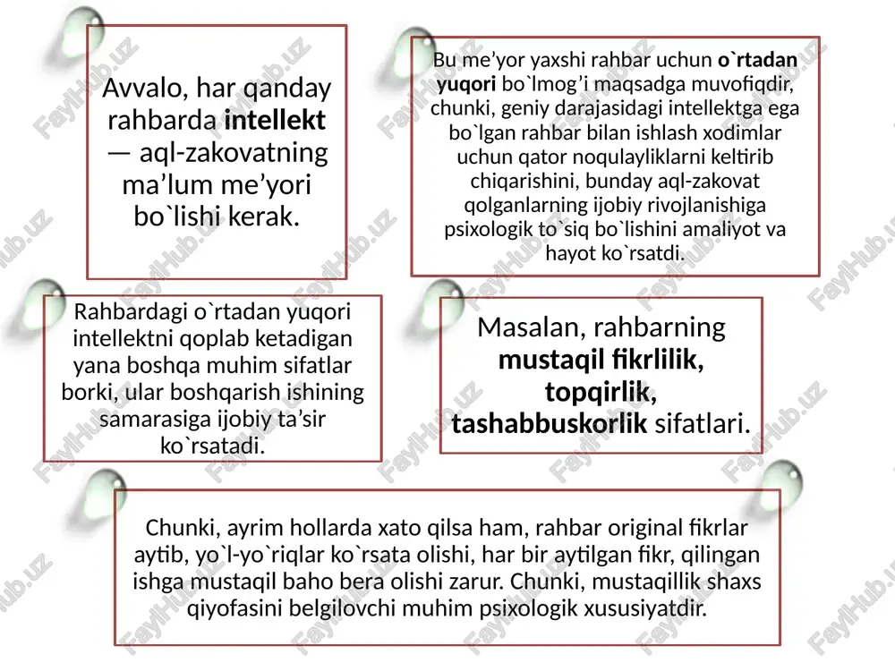 engligi, global yondashuv xolislik, samimiyat va bag’rikenglik adolatli qarorlar chiqarish orqali xodimlarni joy-joyiga qo`yish, ular imkoniyatlaridan to`la foydalanish; b) shaxsiy sifatlar: o`zgalar fikrini tinglash qobiliyati; jamoa tashkil etish va unda uyg’un muhitni ushlab tura olish qobiliyati. shaxsiy yoqimtoylik; maqsad va yo`nalishlarni aniq belgilash; c) salomatlik tajribali rahbar xodimlarni quyidagi kategoriyalarga bo`ladi va o`rganadi: ishlashni biladi, lekin xohlamaydi ishlashni xohlaydi, lekin ishlashni bilmaydi ishlashni xohlamaydi va ishlamaydi ham. bizning vazifamiz ishlata bilish yoki bunday xodimdan qutilish, qutilishni iloji bo`lmasa, barcha imkoniyatlarni ishga solib tarbiyalash. talabchanlik bilan g’amxo`rlik rahbarda uyg’unlashgan bo`lishi kerak. rahbarning metodik jihatdan tayyorgarligining sustligi uni auditoriya (qo`l ostidagi) xodimlar o`rtasidagi chiqishida samarasizlikni keltirib chiqaradi. bundaylarning chiqishi zerikarli, faqat do`q-po`pisadan iborat bo`ladi. rahbar qaysi auditoriyada va qaerda chiqish qilishidan qat’iy nazar, faqat dalillar va qonunlar majmuasiga suyanib qolishlari kerak emas, balki rahbarlik faoliyatidagi chiqishlar mazmunli, hayotiy tajribalarga suyangan bo`lishi kerak. chunki hayotiy tajriba ijobiy yo`nalishda yoki salbiy xarakterda bo`lishi mumkin. …