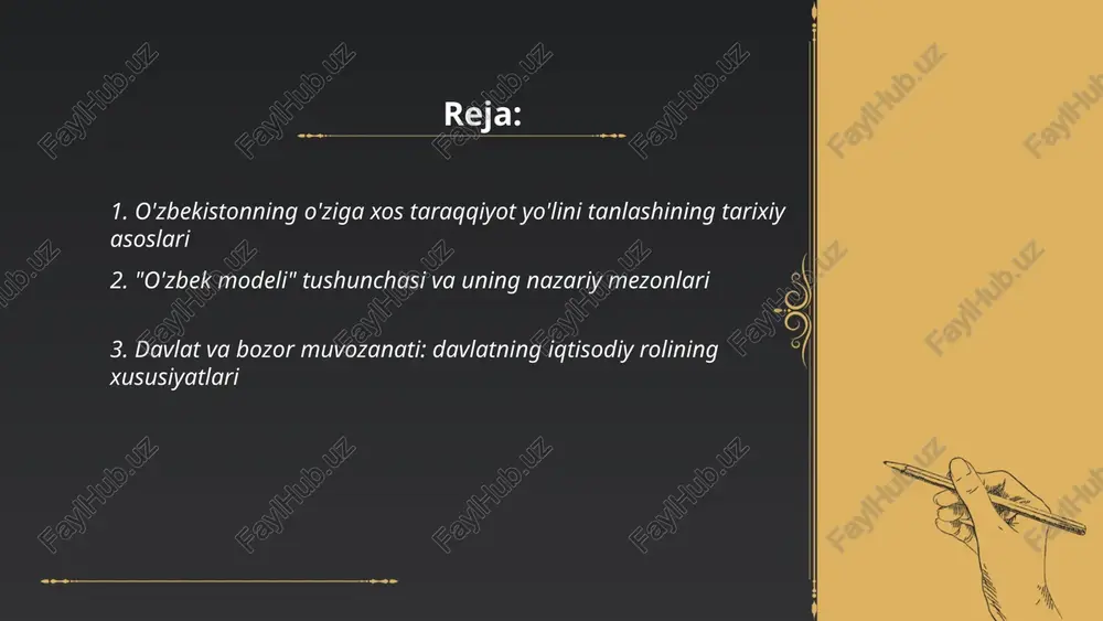 moya va subsidiya tizimlari orqali tenglikni saqlash; 4) infratuzilma va investitsiyalarni boshqarish; 5) sanoat siyosati va eksportni rag'batlantirish; 6) soliq siyosati va regulyatorlik bilan bozor mexanizmlarini yo'naltirish; 7) xususiy sektor va mchjlarni qo'llab-quvvatlash; 8) ochiqlik, hisobdorlik va bosqichma-bosqich liberallashtirish. ... t.me/slaydai_bot 4. iqtisodiy islohotlar strategiyasi va bosqichma-bosqich o'tish modeli strategiya bosqichli o'tishni nazarda tutadi: 1. stabilizatsiya — makrobarqarorlik, inflyatsiya pasayishi, byudjet intizomi; 2. bozor mexanizmlarini joriy etish — narxlar liberallashtiruvi, tashqi savdo erkinligi; 3. tuzilmaviy islohotlar — xususiylashtirish, bank va moliya tizimi islohoti; 4. institutsional rivojlanish — qonun ustuvorligi, kadrlar tayyorlash; 5. ijtimoiy himoya va mintaqaviy rivojlanish, innovatsiyalar va infratuzilma investitsiyalari. ... t.me/slaydai_bot sanoat siyosati mahalliy ishlab chiqarishni qo‘llab-quvvatlash uchun importni almashtirish, soliq imtiyozlari, subsidiyalar, davlat kafolati bilan imtiyozli kreditlar, sanoat zonalari va klasterlarni rivojlantirish, mahalliy tarkib talablarini joriy etish, davlat xaridlari orqali preferensiyalar, texnologiya transferi va kadrlarni tayyorlash, infratuzilma va logistika investitsiyalari, sertifikatlashtirish va sifat nazorati, kobni qo‘llab-quvvatlash, eksportni …