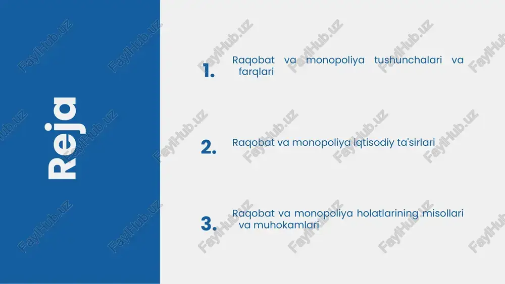 'rnatishi mumkin. bu iste'molchilarning xarajatlarini oshiradi va bozorda tanlov cheklangan bo'ladi. raqobat va monopoliya o'rtasidagi muvozanat: bozorda raqobatni oshirish uchun siyosatlar va tartiblar muhim. raqobatni rivojlantirish, monopoliya xatarlarini kamaytiradi va iqtisodiy samaradorlikni oshiradi. raqobat va monopoliya o'rtasidagi farqlar raqobat bir nechta ishlab chiqaruvchilar bilan bozorni bo'lishadi, narxlar bozor kuchi bilan belgilanadi. monopoliya esa yagona ishlab chiqaruvchiga ega bo'lib, narxlarni nazorat qiladi. raqobat resurslarni samarali taqsimlaydi, xarajatlarni kamaytiradi va innovatsiyalarni rag'batlantiradi. monopoliya esa resurslarni noto'g'ri taqsimlash va narxlarni sun'iy oshirishga olib kelishi mumkin. raqobat iqtisodiy o'sishni tezlashtiradi, innovatsiyalarni oshiradi va resurslardan samarali foydalanishni ta'minlaydi. monopoliya esa o'sishni sekinlashtirishi va innovatsiyalarni cheklashi mumkin. raqobat holatlari raqobatning asosiy shakllari: to'liq raqobat, monopolistik raqobat va monopoliya. masalan, qishloq bozorlarida turli shakllar kuzatiladi. raqobat iqtisodiy va ijtimoiy sohalarda innovatsiyalar, mahsulot sifatini oshirish, narxlarni nazorat qilish, bandlikni ko'paytirish va resurslardan samarali foydalanishga yordam beradi. monopol yoki raqobat cheklovlari muammo tug'dirishi mumkin. bozor tuzilmasi va raqobatchilarning soni …