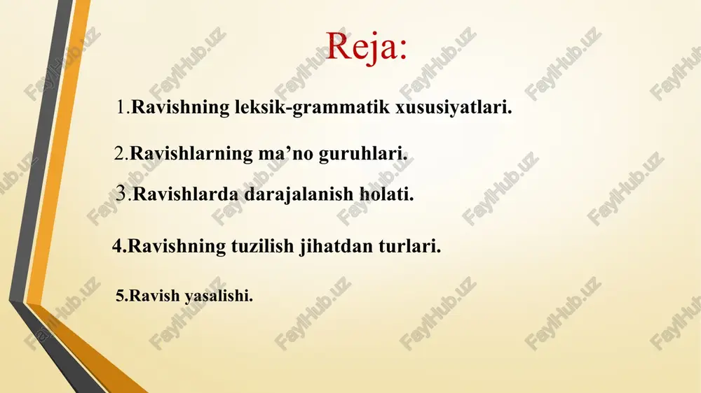 i sifat darajalaridagi vositalarning o`zi bilan ifodalanadi. belgini darajalab ifodalash, asosan, holat ravishlari (ayrim payt va miqdor)ga xos. oddiy darajada ravish ish-harakat belgining normal holatda (chog`ishtirilmagan holatda) ekanligini bildiradi va o`ziga xos morfologik ko`rsatkichga emas: usmonjon gunoxkorona qiyosiy darajadagi ravish harakat belgisining boshqa belgi bilan chog`ishtirish orqali belgining kamligi, kuchsizligi, ko`pligi, ya’ni kuchaytirish ma’nosini ko`rsatadi va ravishlarga -roq affiksini qo`shish bilan hosil qilinadi: astaroq, ozroq, barvaqtroq, keyinroq kabi: zaynab ilgariroq, kumush keyinroq ichkariga kirishdi (a.qodiriy). ba’zan qiyosiy darajadagi ravishdan oldin sal, yana, tobora kabi ravishlar keladi. bunday holda kuchaytiruv va kuchsizlantiruv ekspressiv yo`l bilan yanada orttirilgan bo`ladi: sal burunroq o`tkazilsa, ancha bo`y bergan bo`ladi (sh.rashidov). orttirma daraja esa ravishdan oldin juda, nihoyatda, eng, hammadan kabi so`zlarni keltirish bilan hosil qilinadi va harakat belgisining normal holatdan o`ta ortiqligini, kuchaytirilganligini ifodalaydi: bu yurtda eng avval senda tong otar, eng keyin tark etar seni quyoshing (e.vohidov). ravishning fe’lga bog`lanib, gapda ko`pincha hol vazifasida …