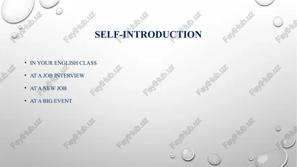 card. here's my business card. please do not hesitate to contact me if there is anything i can help you with. feel free to ask any questions you might have. the reason why i chose this work is... my main strengths are... i believe my strongest trait is... situation cards introduction in international conference in a foreign country introduction in the business meeting with new partners introduction of a new director to the staff of the company introduction of a new employee to the other staff thank you for your attention! image2.png image3.png image4.emf image5.png image6.png image1.png 2 match the headings and questions. 1 scor nan ewhd first name surname date of birth place of birth permanent address marital status occupation qualifications hobbies/interests email address tel. nos. are you married or single? what do you do in your free time? what are your home and mobile phone numbers? what's your …
