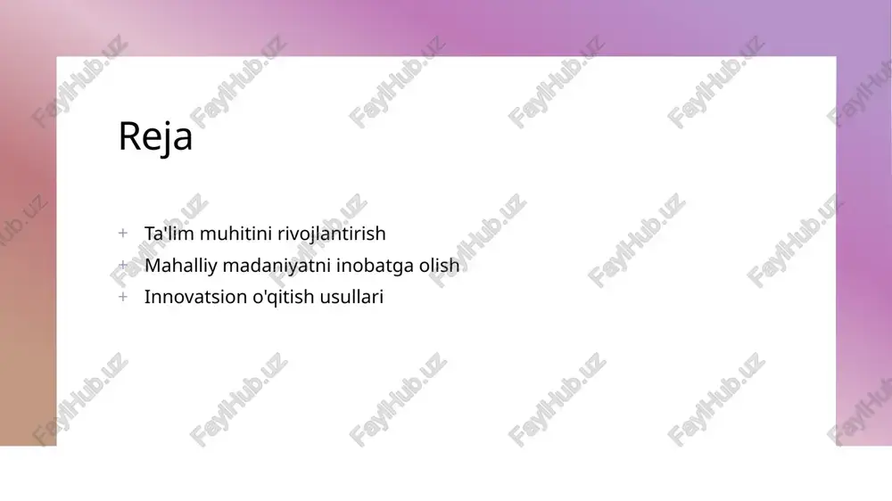 amarali muhit yaratadi. bu, ularning o'qish samaradorligini oshirib, stressni kamaytiradi. hamkorlik muhitlari ta'limda hamkorlik muhitlari, jamoa ishlashini rag'batlantiradi. o'quvchilar birgalikda muammolarni hal etish orqali o'zaro fikr almashishadi va tajribalarini oshiradilar. mahalliy madaniyat elementlarini sinf xonalariga integratsiya qilish. 1 mahalliy elementlar - sinf xonalarida mahalliy san'at va hunarmandchilik elementlarini qo'shish, o'quvchilarning madaniyatiga bog'liqligini kuchaytiradi va ularni motivatsiya qiladi. 2 tarixiy motivlar - o'quv jarayonida tarixiy motivlar va mahalliy an'analarni ishlatish, o'quvchilarga o'z madaniyatlariga nisbatan qiziqish uyg'otadi va ularga o'zligini anglash imkonini beradi. 3 madaniy interaktivlik - mahalliy madaniyat elementlarini sinf xonalariga integratsiya qilish, o'quvchilarga interaktiv va amaliy tajribalarga ega bo'lish imkonini yaratadi, bu esa o'qishni yanada qiziqarli qiladi. o'quv jarayonida mahalliy an'analarning roli. 01 mahalliy an'analar mahalliy an'analar ta'lim jarayonida o'quvchilarning madaniyatini va tarixini anglashlariga yordam beradi, ularga o'zligini his qilish imkonini yaratadi. 02 o'quvchilarning motivatsiyasi mahalliy an'analar o'quvchilarni motivatsiya qiladi, chunki ular tanish va yaqin bo'lgan mavzular bilan bog'liq ta'lim …