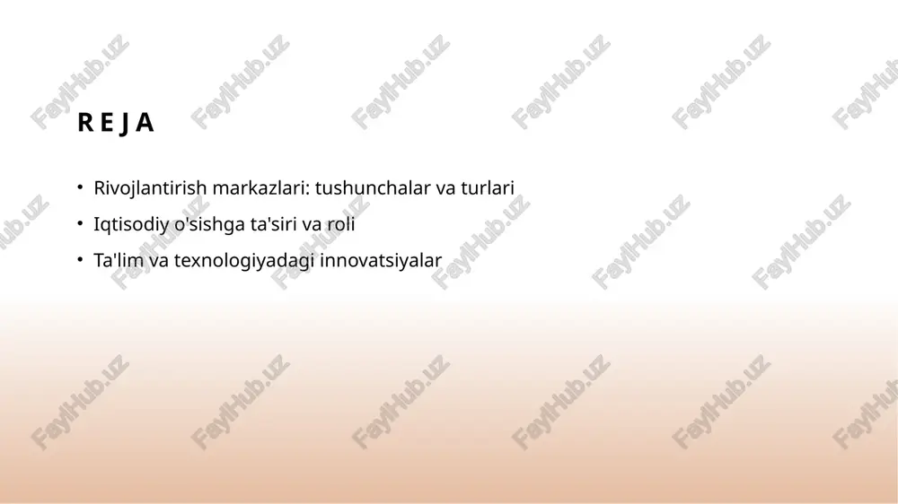 itsiyalarni jalb qilish, yangi ish o'rinlari yaratish va iqtisodiy o'sishni rag'batlantiradi. global tajribalar: rivojlantirish markazlarining muvaffaqiyatli modeli. 1 global muvaffaqiyatlar rivojlantirish markazlari global muvaffaqiyatlar misolida, masalan, singapur va janubiy koreyada iqtisodiy o'sish uchun tizimli yondashuvlar yaratdi. 2 o'zaro hamkorlik rivojlantirish markazlari xalqaro hamkorlikni kuchaytiradi, bu esa innovatsiyalar va texnologiyalarni almashish imkoniyatlarini oshiradi, o'zaro foydali tajribalar yaratadi. 3 innovatsion strategiyalar muvaffaqiyatli rivojlantirish markazlari innovatsion strategiyalarni joriy etib, ta'lim va sanoatni birlashtiradi, bu esa iqtisodiy o'sishni rag'batlantiradi. rivojlantirish markazlarining iqtisodiy o'sishga qo'shgan hissasi. rivojlantirish markazlarining roli rivojlantirish markazlari iqtisodiy o'sishni rag'batlantirib, innovatsiyalar va yangi texnologiyalarni joriy etishda muhim rol o'ynaydi. ish o'rinlari yaratish ushbu markazlar yangi ish o'rinlari yaratib, iqtisodiy faollikni oshiradi, bu esa ijtimoiy barqarorlikni ta'minlaydi va mahalliy aholini qo'llab-quvvatlaydi. innovatsion rivojlanish rivojlantirish markazlari innovatsion g'oyalarni amalga oshirishga yordam beradi, shu bilan birga, tadbirkorlikni rivojlantirish va yangi bozorlarni ochishga xizmat qiladi. iqtisodiy o'sishga ta'sir etuvchi asosiy omillar va rivojlantirish markazlari. 01 …