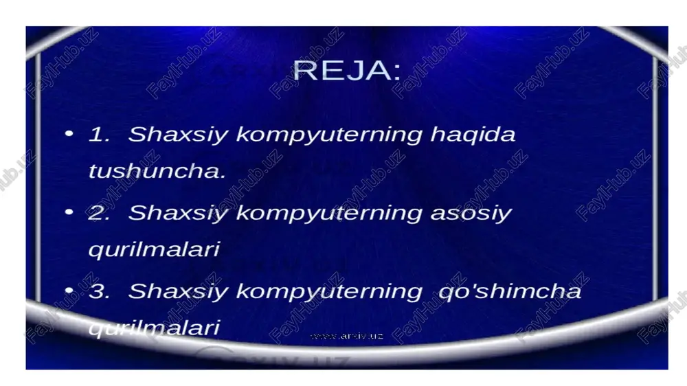 rning amal bajarish tezligi shaxsiy kompyuter qanday qismlardan iborat > shaxsiy kompyuter o°zi nima? > shaxsiy kompyuterning asosiy qurilmalari e > shaxsiy kompyuterning yordamchi qurilmalari > shaxsiy kompyuterning dasturiy ta minoti #1 kompyuterning asosiy monitor - kompyutering ish jarayonida vujudga keladigan axborotlarning zarur gismini ekranga yoritib berishni ta’ minlaydi. sistema bloki — himoya gilofiga oralgan elektron sxemalar va qurilmalardan iborat. hlaviatura - kompyuterga turli ma’lumotva axbortlani kiritish imkonini berw qurilma. @ sistema blokidan “power” tugmasi bosiladi (arxiv_uz ateon ma’lumotlarni kiritish va chigarish qurilmala monitorlar - kompyuter xotirasidagi axborotlarni insonga tushunarli ko‘rinishda tasvirlaydi. klaviatura - kompyuter va kompyuter xotirasiga ma’lumotlarni kiritish. el. * een ey am filmalari! @ sichgoncha. rinter. skaner. ® plotter. @ tarmogq qurilmasi. @ strimmer. ® modem. bosh menyuga gaytish a a ee a kompyuterning qo’shimcha qurilmalari ma'lumot kiritish qurilmalari backspace /docprops/thumbnail.jpeg