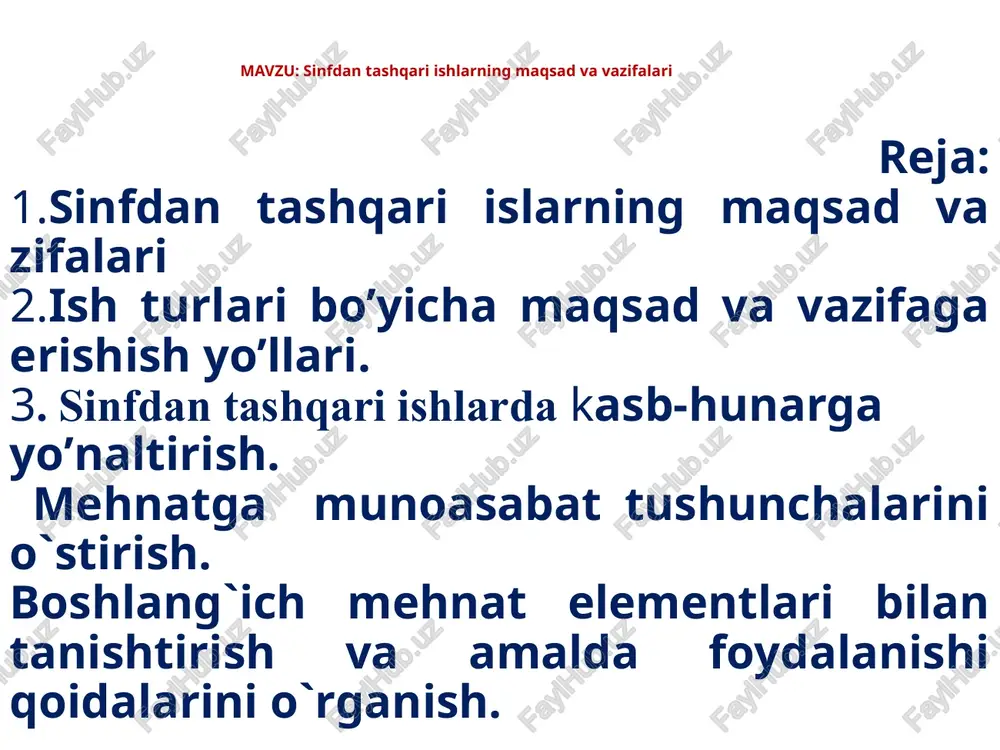 , ko’nikma hosil qilish hamda o’quvchilarni kasb-hunar egasi bo’lib yetkazishda nazariy va amaliy bilim berishdan tashkil topgan. boshlang’ich sinflarda mehnat ta’limining maqsad va vazifalari o’quvchilarni har tomonlama kamol toptirishga, aqliy va jismoniy, axloqiy va estetik, iqtisodiy va ekologik, madaniy bilimlarini shakllantirishga va tarbiyalashga, kasb tanlashga o’rgatishga qaratilgan bo’lib, dars jarayonida quyidagi ish turlarini o’rganish orqali maqsadga erishiladi. 1.qog’oz va karton bilan ishlash. 2.turli materiallar bilan ishlash. 3. gazlama (tikish va bichish) ishlari. 4.texnikaga modellash. (qurish-yasash) 5. qishloq xo’jaligi mehnati. mehnat ta’limi jarayonida hosil qilingan bilimlar, malakalar va ko’nikmalar maqsadsiz emas, balki insonning asosiy qobiliyati – mehnatga bo’lgan qobiliyatini rivojlantirish vositasi hisoblanadi. mehnat darsining maqsadi – shaxsning turmush tarziga, mehnat madaniyatiga qaratilgan barqaror yo’l-yo’riqni qaror toptirish, ijodiy mehnat qilishga, amaliy, axloqiy va ruhiy tayyorgarlikni amalga oshirish, o’quvchilarni halq xo’jaligidagi muvoffaqiyatli mehnat faoliyatida zarur bo’lgan ijodiy qobiliyatlarni, aqliy, jismoniy fazilatlarni rivojlantirishdir. mehnat ta’limi o’zining ish bosqichlarida bolalar, o’smirlar va yoshlarning yoshi, funktsional …
