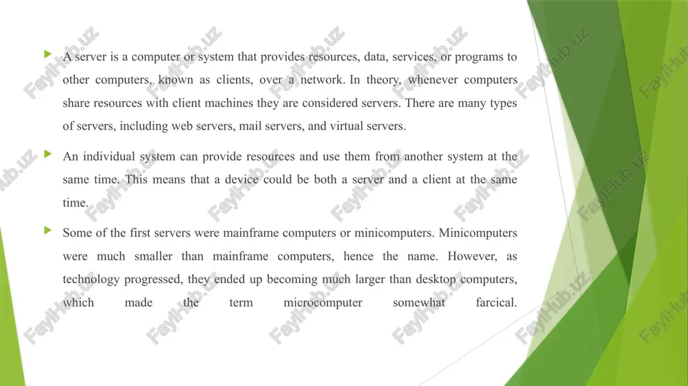ust be configured to listen to requests from clients on a network connection. this functionality can exist as part of the operating system as an installed application, role, or a combination of the two. for example, microsoft’s windows server operating system provides the functionality to listen to and respond to client requests. additionally installed roles or services increase which kinds of client requests the server can respond to. in another example, an apache web server responds to internet browser requests via an additional application, apache, installed on top of an operating system. how a server works there are many types of servers that all perform different functions. many networks contain one or more of the common server types: file servers file servers store and distribute files. multiple clients or users may share files stored on a server. in addition, centrally storing files offers easier backup or fault tolerance solutions than …