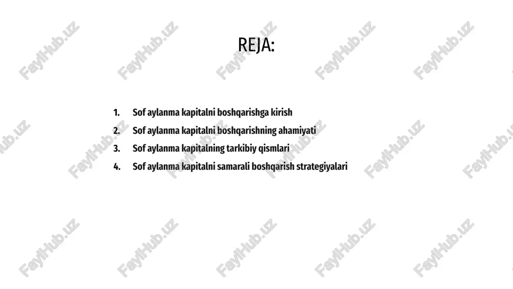 ebitorlik, inventar va kreditorlik qarzlari kiradi. debitorlik qarzlari kompaniyaning mijozlari tomonidan to'lanishi kerak bo'lgan pul mablag'larini aks ettiradi, inventarizatsiya esa kompaniya tomonidan sotish uchun mavjud bo'lgan tovarlar yoki mahsulotlarni o'z ichiga oladi. kreditorlik qarzlari - bu kompaniyaning etkazib beruvchilar oldidagi qarzlari. ushbu komponentlarni samarali boshqarish likvidlikni saqlash va pul oqimini optimallashtirish uchun juda muhimdir. aktivlar va passivlar o'rtasidagi muvozanatni saqlash orqali kompaniya uzluksiz operatsiyalarni va moliyaviy barqarorlikni ta'minlashi mumkin. sof aylanma mablag'larni samarali boshqarish biznes barqarorligi va rivojlanishi uchun juda muhim, optimal likvidlik va operatsion samaradorlikni ta'minlaydi. 01 inventarizatsiya darajasini optimallashtirish, debitorlik qarzlarini tartibga solish va kreditorlik qarzlari davrlarini boshqarish kabi strategiyalar sof aylanma mablag'larni yaxshilashga yordam beradi. 02 ushbu strategiyalarni qunt bilan amalga oshirish orqali korxonalar pul oqimini oshirishi, moliyalashtirish xarajatlarini kamaytirishi va umumiy moliyaviy holatini mustahkamlashi mumkin. 03 sof aylanma kapitalni samarali boshqarish strategiyalari sof aylanma kapitalni boshqarish vositalari va texnikasi sof aylanma mablag'larni samarali boshqarish biznes barqarorligi …
