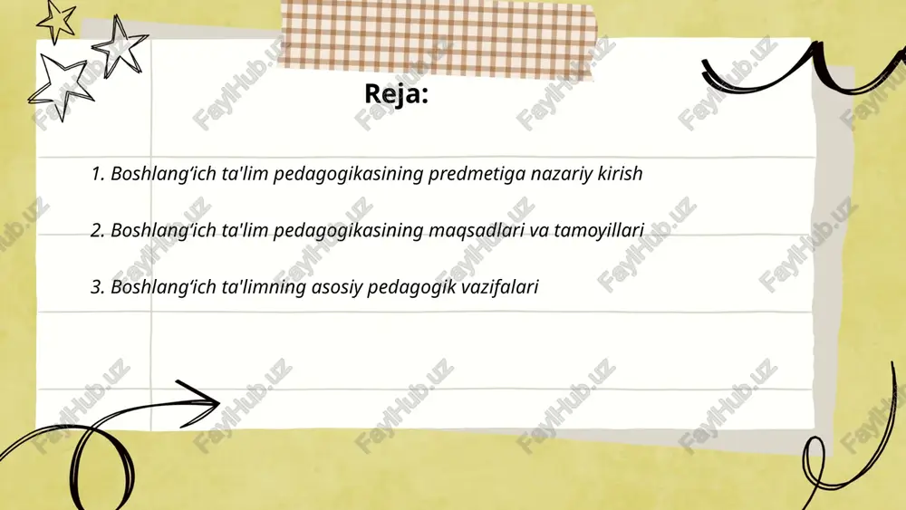 ik; 10) o'qituvchilarning malakasini oshirish hamda monitoring. ... t.me/slaydai_bot boshlang‘ich ta'limda didaktik printsiplar: ilmiylik, tizimlilik, ko‘rgazmalik, faol ishtirok, individualizatsiya, differensiallash, uzluksizlik. usullar: tushuntirish-tushunish, muammoli o‘qitish, loyihaviy va amaliy mashg‘ulotlar, o‘yin metodi, guruh va juft ishlash, muhokama, kuzatuv va mashq. printsiplardan foydalanish dars rejasini tuzish, o‘quv faoliyatini faollashtirish, baholash va ta'limni shaxsiylashtirish orqali amalga oshiriladi. ... t.me/slaydai_bot o‘quv-dastur va o‘quv-reja ishlab chiqish pedagogik asoslari: ta'lim maqsadlarini aniqlash va kompetensiyalarni belgilash; yosh xususiyatlari va rivojlanish bosqichlarini hisobga olish; mazmunning tizimliligi, uzluksizligi va bosqichma-bosqichligi; o‘quv faoliyatini faol, amaliy va tadqiqiy metodlarga yo‘naltirish; differentsiyalash va individualizatsiya; baholash tizimi bilan integratsiyalash; axborot-resurs va metodik ta'minotga moslashuv; umumiy pedagogik va psixologik qonunlarga hamohanglik. ... t.me/slaydai_bot an'anaviy o‘qitish metodlari: ma'ruza, amaliy mashg‘ulot, takrorlash va yodlash, o‘qituvchi markazli boshqaruv, qat'iy baholash. innovatsion yondashuvlar: faol o‘qitish, muammo asosida o‘qitish, loyiha va jamoaviy ishlash, differensial ta'lim, axborot-kommunikatsiya texnologiyalari, shakllantiruvchi baholash, aralash (blended) va o‘yinlashtirish. boshlang‘ich ta'limda kombinatsiyalash samaradorlikni oshiradi, individual …